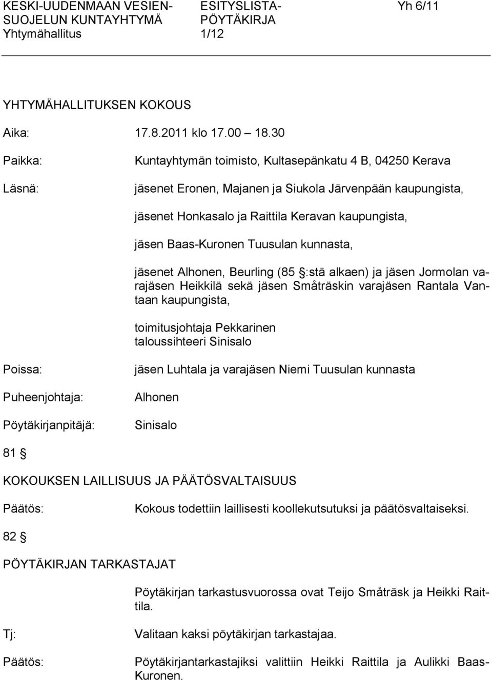 Baas-Kuronen Tuusulan kunnasta, jäsenet Alhonen, Beurling (85 :stä alkaen) ja jäsen Jormolan varajäsen Heikkilä sekä jäsen Småträskin varajäsen Rantala Vantaan kaupungista, toimitusjohtaja Pekkarinen