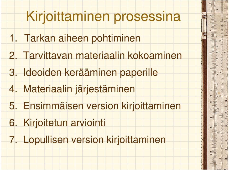 Ideoiden kerääminen paperille 4. Materiaalin järjestäminen 5.