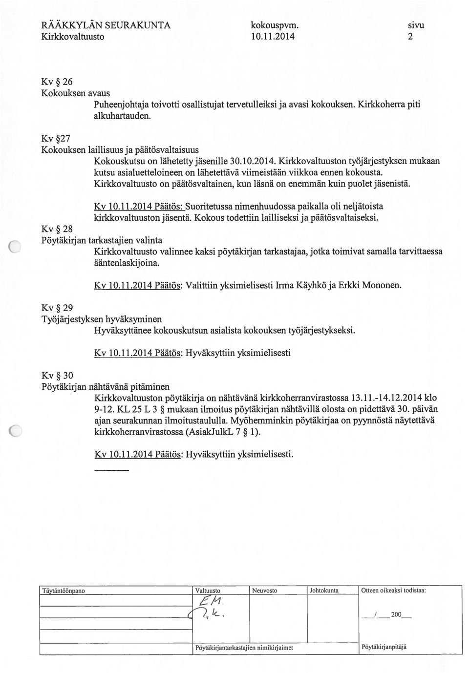 Kirkkovaltuuston työjärjestyksen mukaan kutsu asialuetteloineen on lähetettävä viimeistään viikkoa ennen kokousta. Kirkkovaltuusto on päätösvaltainen, kun läsnä on enemmän kuin puolet istä. Kv 10.11.