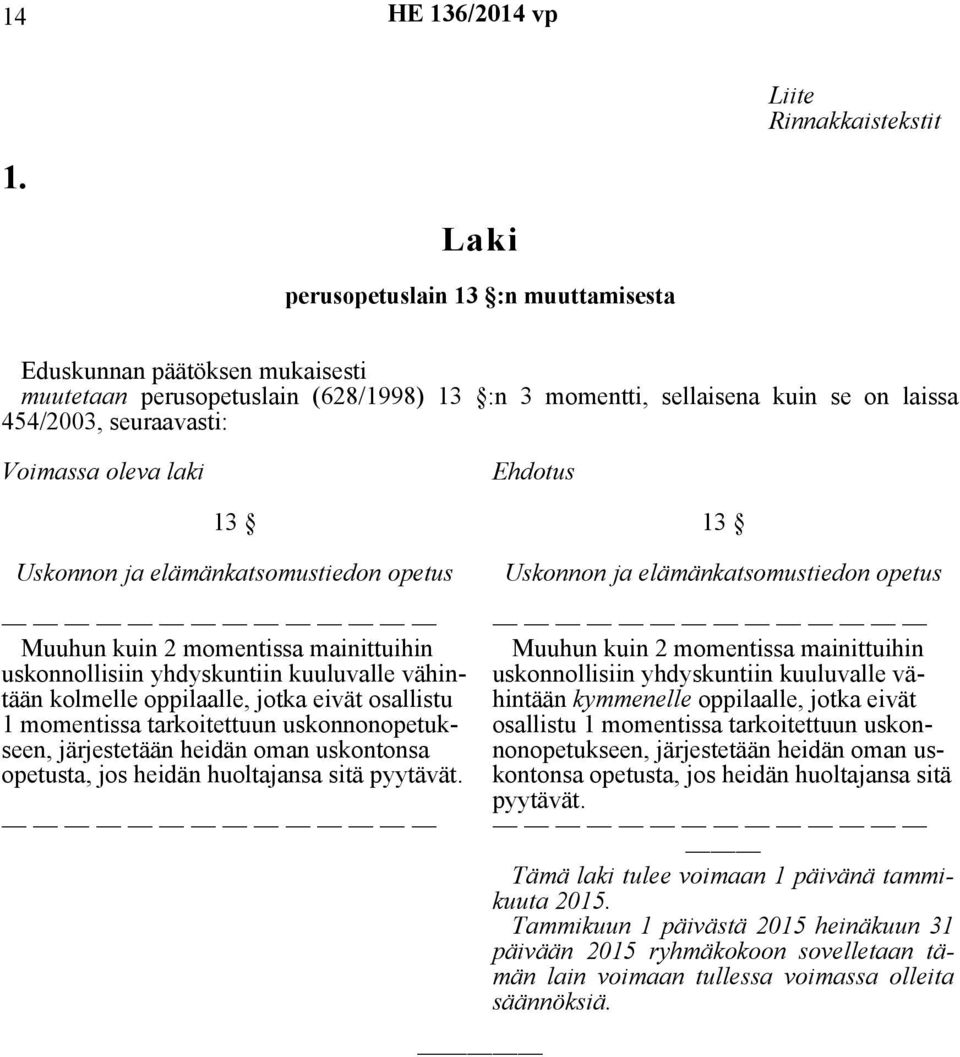 Ehdotus 13 Uskonnon ja elämänkatsomustiedon opetus Muuhun kuin 2 momentissa mainittuihin uskonnollisiin yhdyskuntiin kuuluvalle vähintään kolmelle oppilaalle, jotka eivät osallistu 1 momentissa