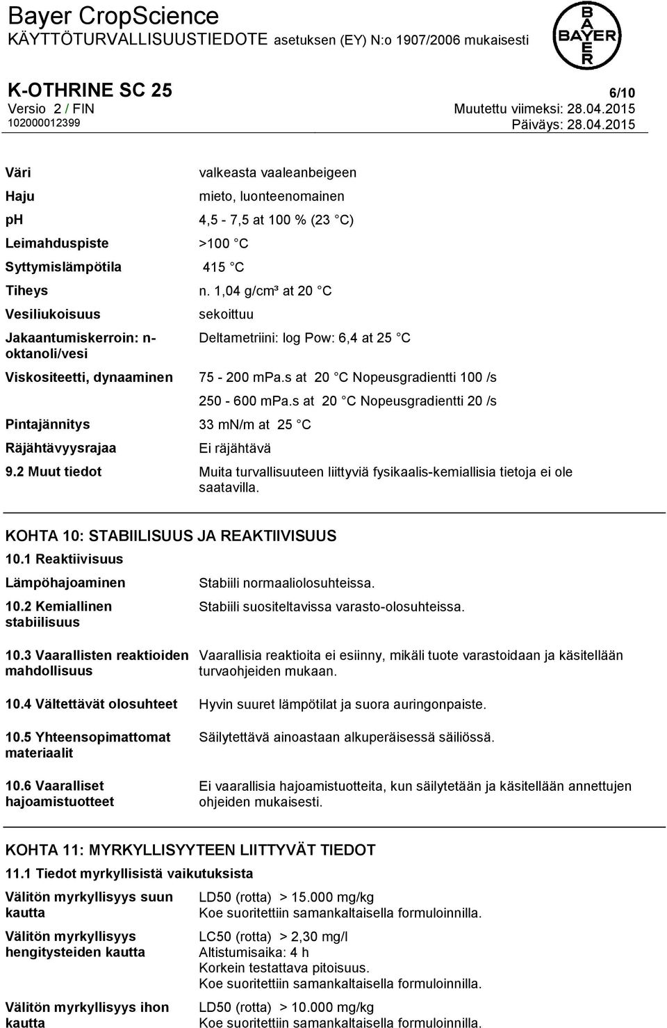 s at 20 C Nopeusgradientti 100 /s Pintajännitys 33 mn/m at 25 C Räjähtävyysrajaa 250-600 mpa.s at 20 C Nopeusgradientti 20 /s Ei räjähtävä 9.