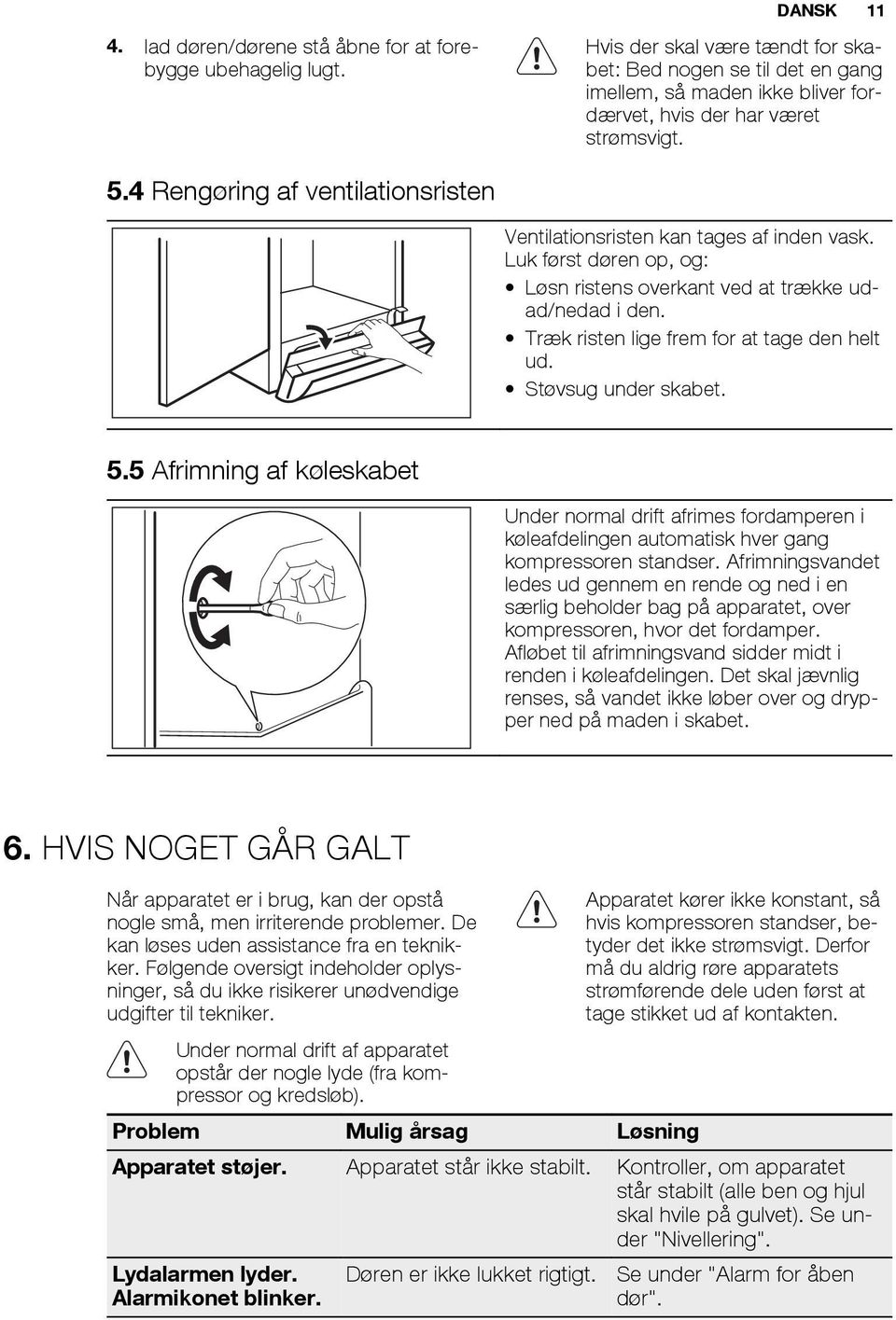 4 Rengøring af ventilationsristen Ventilationsristen kan tages af inden vask. Luk først døren op, og: Løsn ristens overkant ved at trække udad/nedad i den.