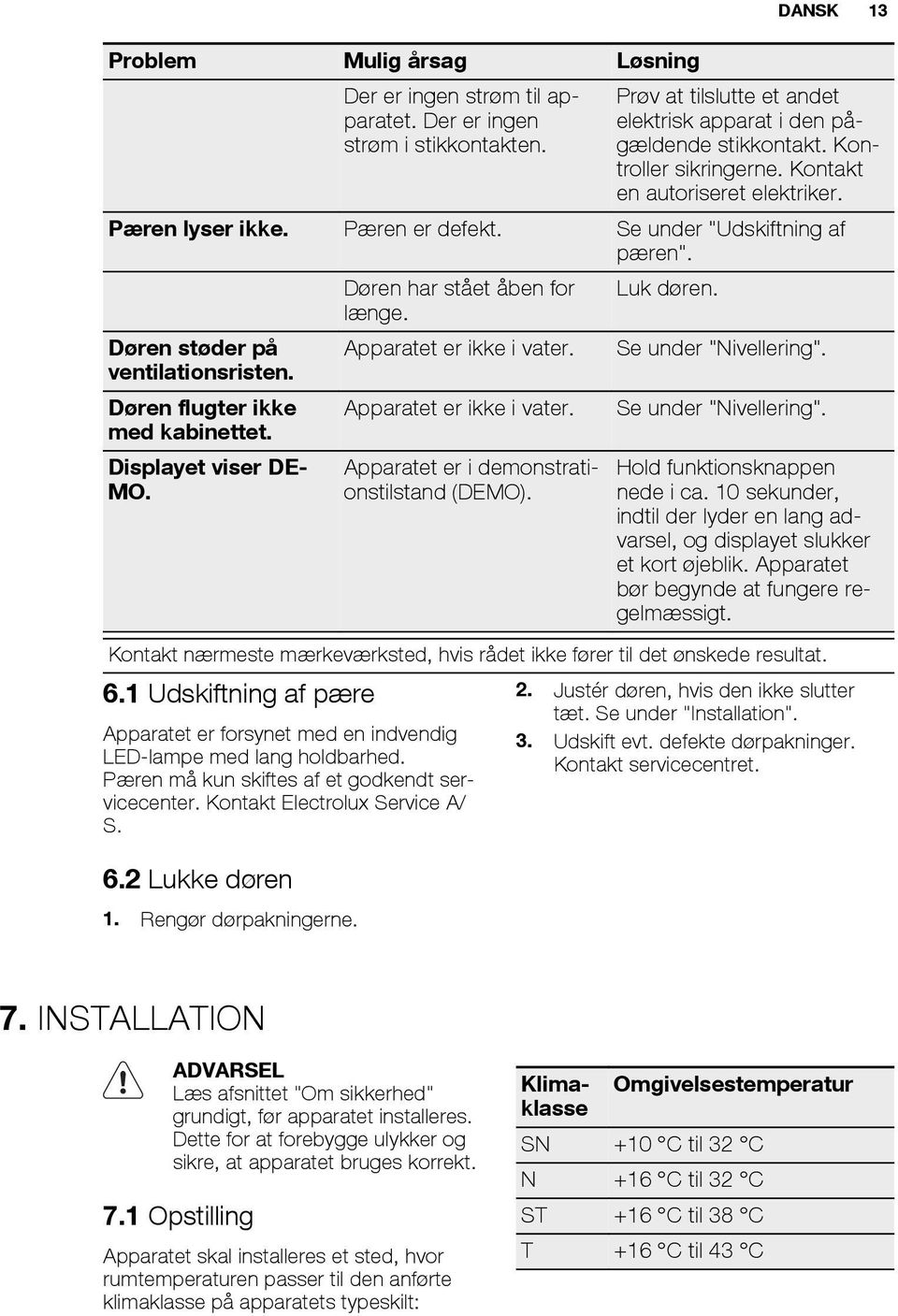 Se under "Nivellering". ventilationsristen. Døren flugter ikke med kabinettet. Apparatet er ikke i vater. Se under "Nivellering". Displayet viser DE- MO. Apparatet er i demonstrationstilstand (DEMO).