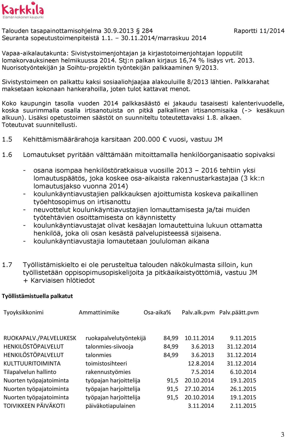 Palkkarahat maksetaan kokonaan hankerahoilla, joten tulot kattavat menot.