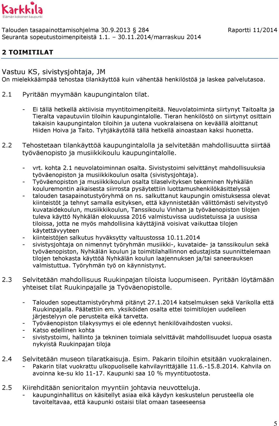 Tieran henkilöstö on siirtynyt osittain takaisin kaupungintalon tiloihin ja uutena vuokralaisena on keväällä aloittanut Hiiden Hoiva ja Taito. Tyhjäkäytöllä tällä hetkellä ainoastaan kaksi huonetta.