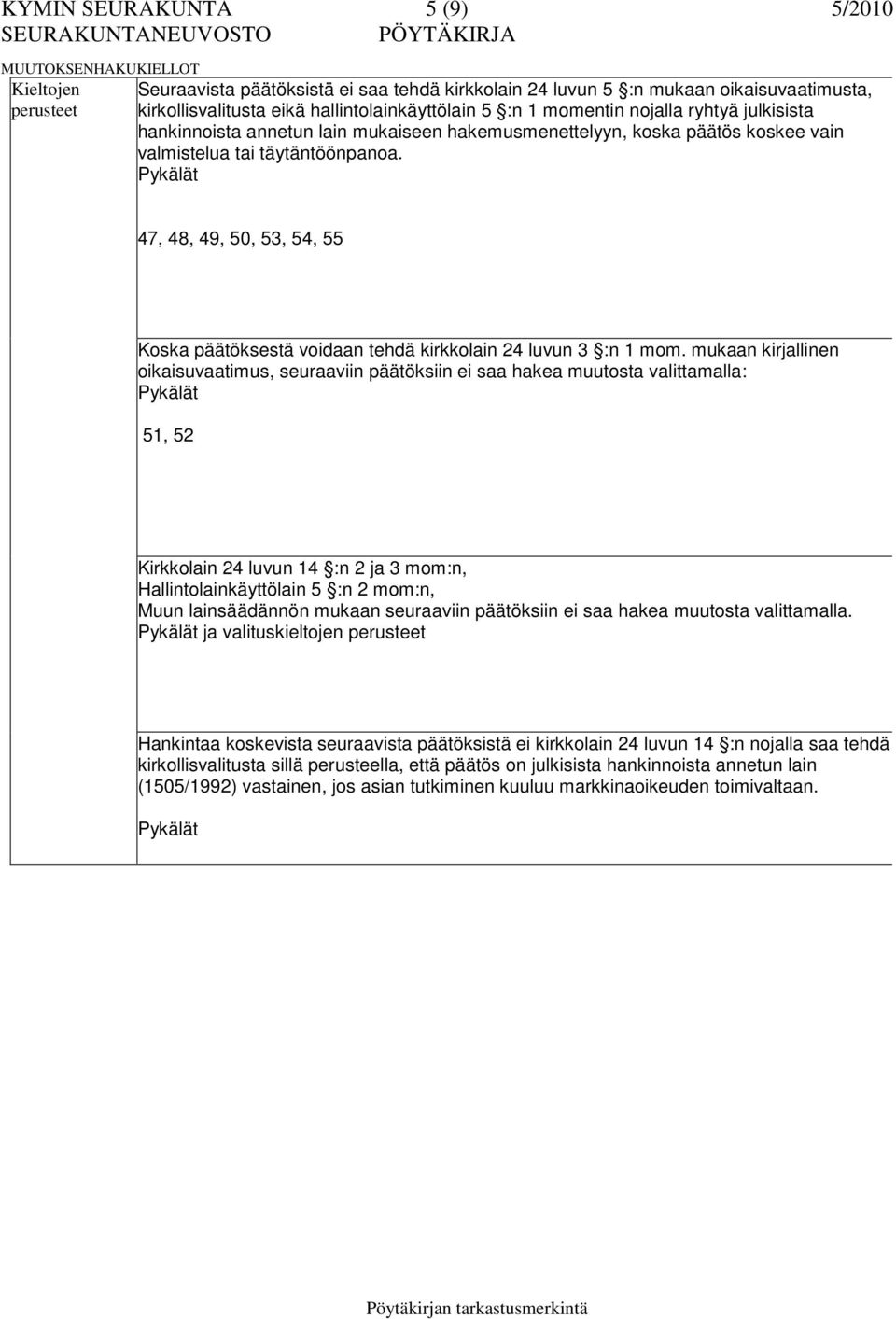 Pykälät 47, 48, 49, 50, 53, 54, 55 Koska päätöksestä voidaan tehdä kirkkolain 24 luvun 3 :n 1 mom.