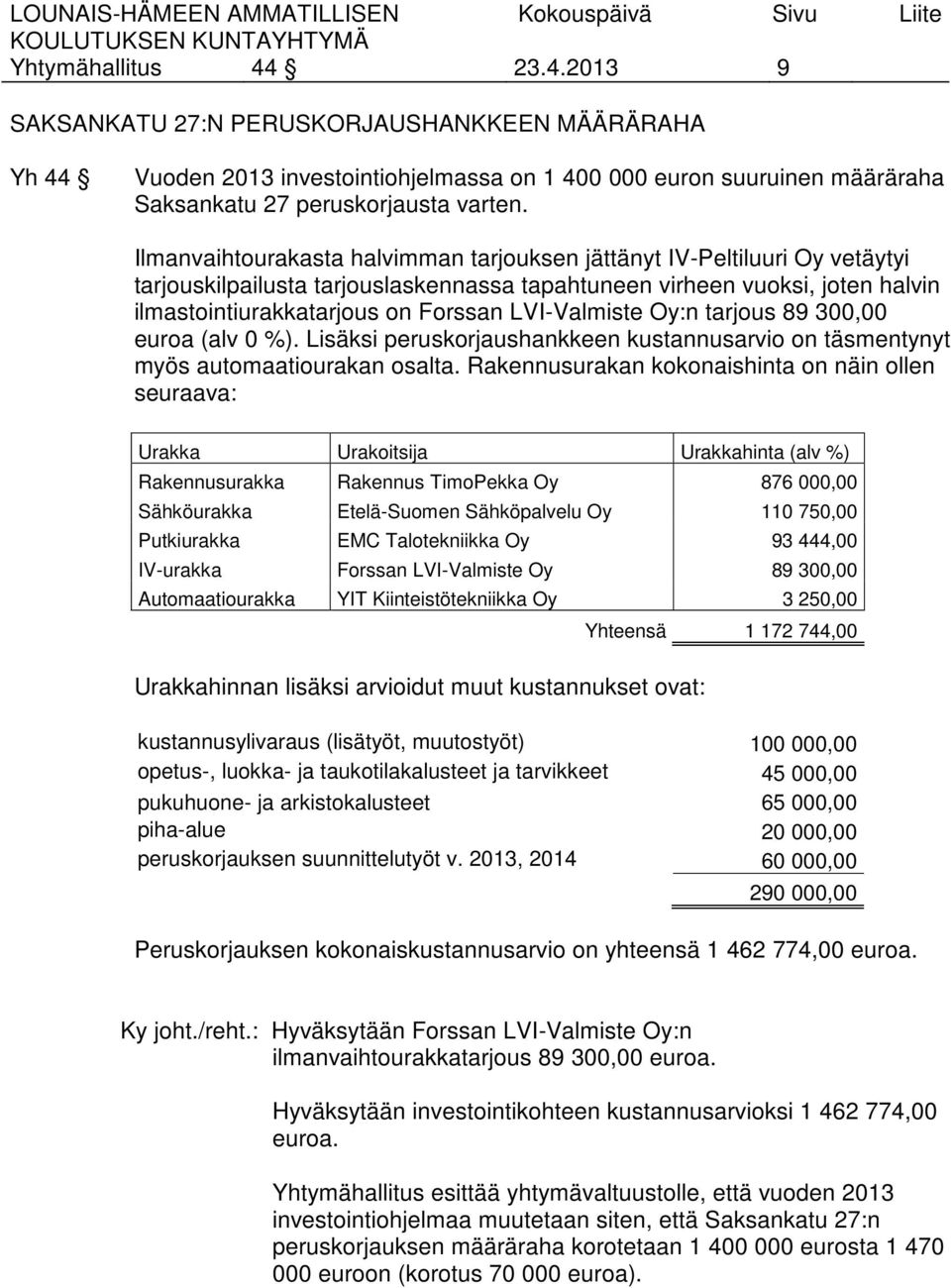 LVI-Valmiste Oy:n tarjous 89 300,00 euroa (alv 0 %). Lisäksi peruskorjaushankkeen kustannusarvio on täsmentynyt myös automaatiourakan osalta.