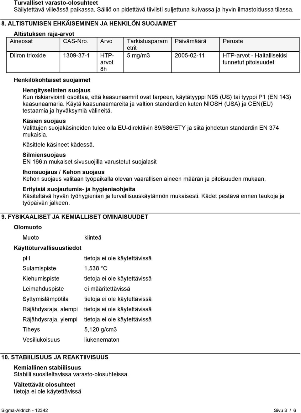 Arvo Tarkistusparam Päivämäärä Peruste etrit Diiron trioxide 1309-37-1 HTParvot 8h 5 mg/m3 2005-02-11 HTP-arvot - Haitallisekisi tunnetut pitoisuudet Henkilökohtaiset suojaimet Hengityselinten