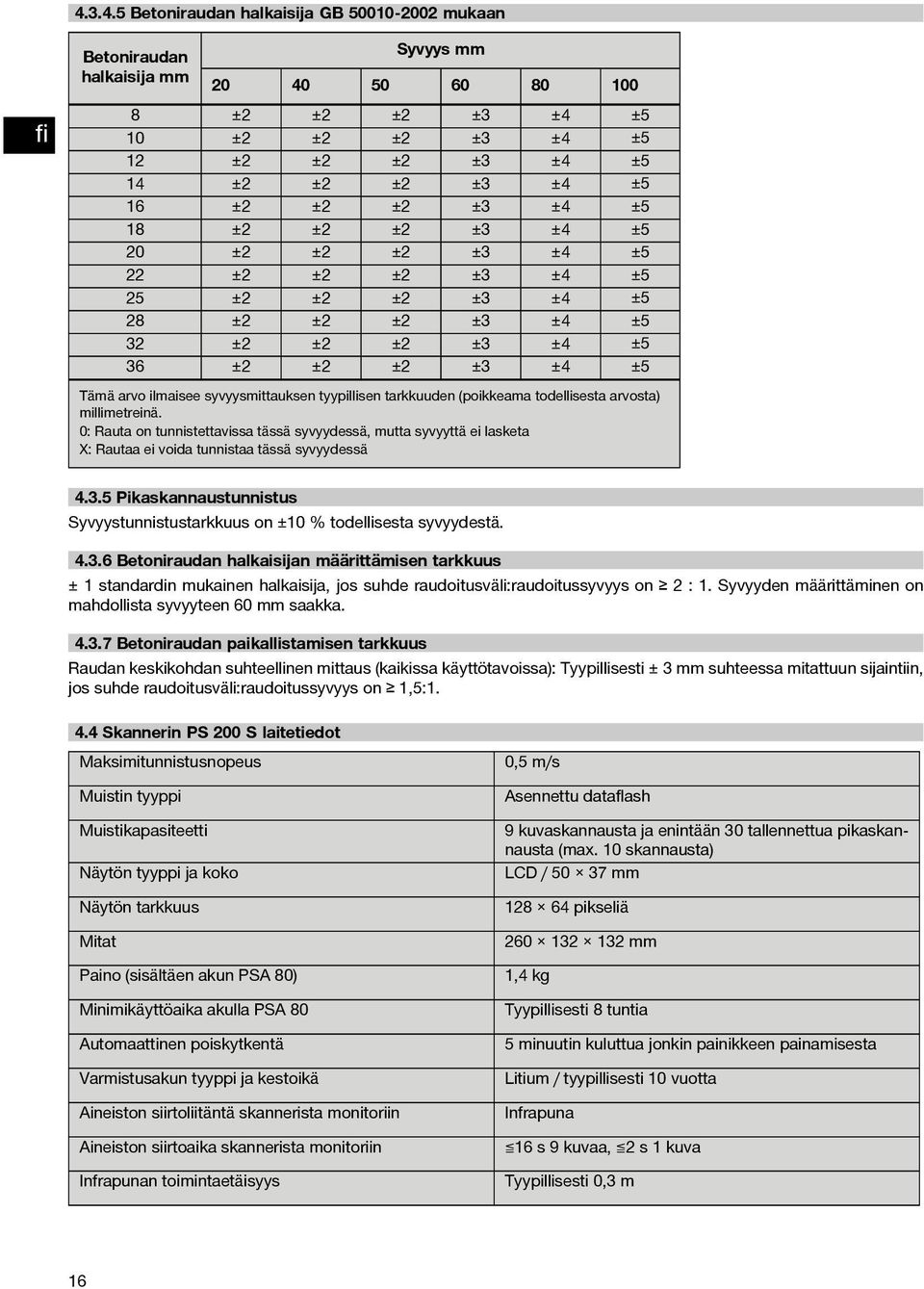 tarkkuuden (poikkeama todellisesta arvosta) millimetreinä. 4.3.5 Pikaskannaustunnistus Syvyystunnistustarkkuus on ±10 % todellisesta syvyydestä. 4.3.6 Betoniraudan halkaisijan määrittämisen tarkkuus ± 1 standardin mukainen halkaisija, jos suhde raudoitusväli:raudoitussyvyys on 2 : 1.