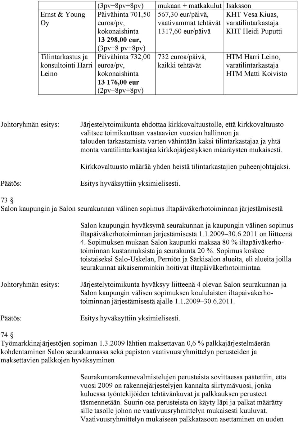 Harri Leino, varatilintarkastaja HTM Matti Koivisto Järjestelytoimikunta ehdottaa kirkkovaltuustolle, että kirkkovaltuusto valitsee toimikauttaan vastaavien vuosien hallinnon ja talouden