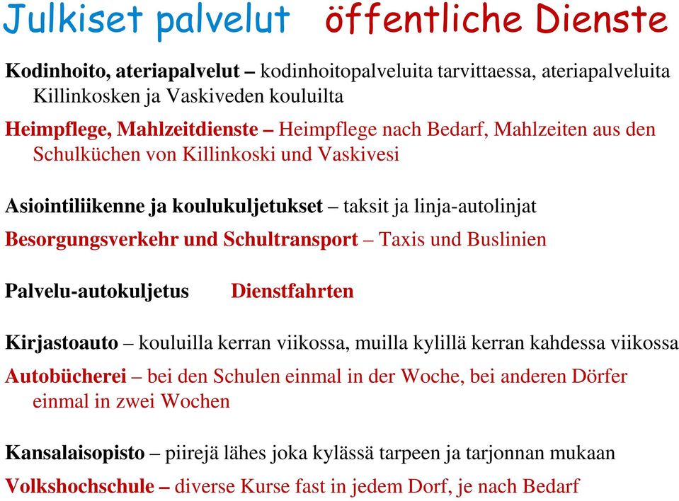 Schultransport Taxis und Buslinien Palvelu-autokuljetus Dienstfahrten Kirjastoauto kouluilla kerran viikossa, muilla kylillä kerran kahdessa viikossa Autobücherei bei den Schulen