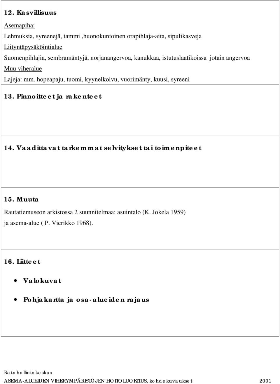 hopeapaju, tuomi, kyynelkoivu, vuorimänty, kuusi, syreeni 13. Pinnoitteet ja rakenteet 14.