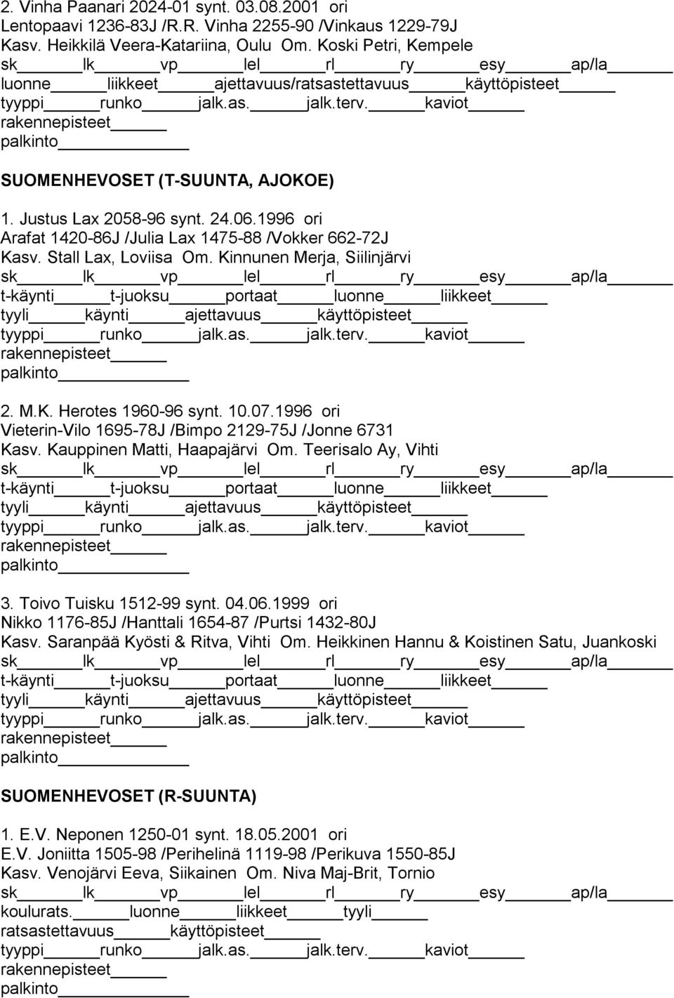 1996 ori Arafat 1420-86J /Julia Lax 1475-88 /Vokker 662-72J Kasv. Stall Lax, Loviisa Om. Kinnunen Merja, Siilinjärvi t-käynti t-juoksu portaat luonne liikkeet tyyli käynti ajettavuus käyttöpisteet 2.