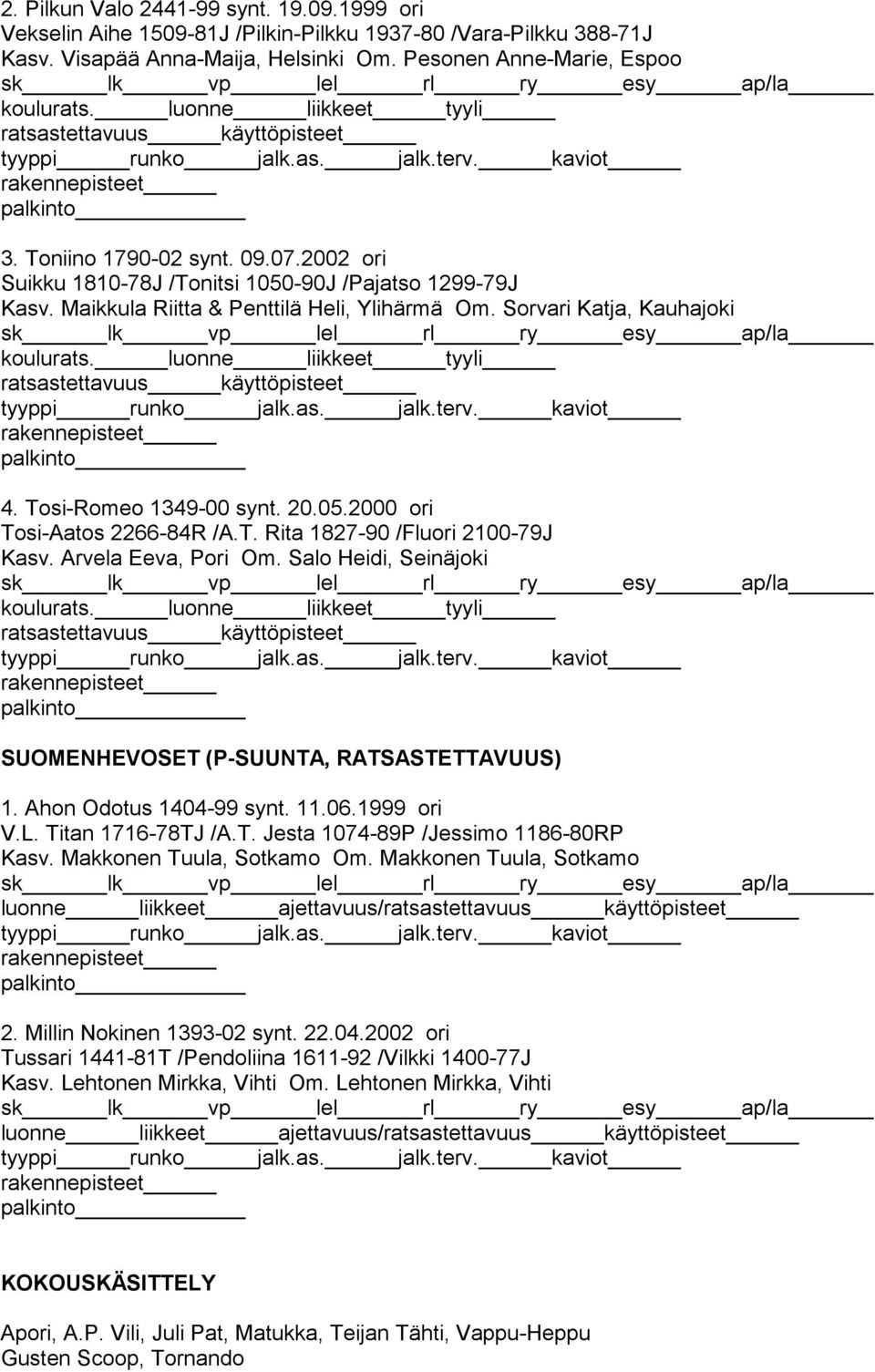 Sorvari Katja, Kauhajoki koulurats. luonne liikkeet tyyli ratsastettavuus käyttöpisteet 4. Tosi-Romeo 1349-00 synt. 20.05.2000 ori Tosi-Aatos 2266-84R /A.T. Rita 1827-90 /Fluori 2100-79J Kasv.