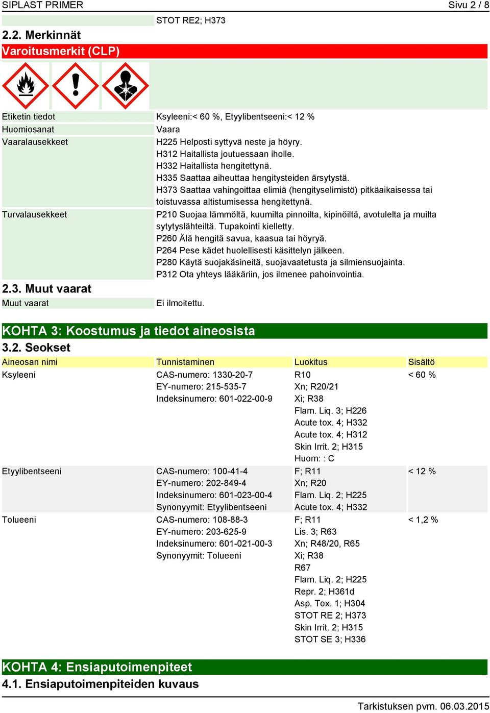 H373 Saattaa vahingoittaa elimiä (hengityselimistö) pitkäaikaisessa tai toistuvassa altistumisessa hengitettynä.