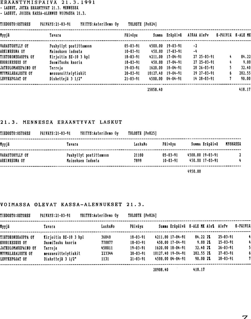 00 17-03-91-4 TIETOKOIEKAUPPA OY Kirjoitin BI- 3 kpl 18-03-91 4211.00 17-0~-91 27 25-03-91 4 84.22 KUORIKBSKUS OY Suo.iTasku kuoria 18-03-91 ~50.00 17-04-91 2725-03-91 4 9.
