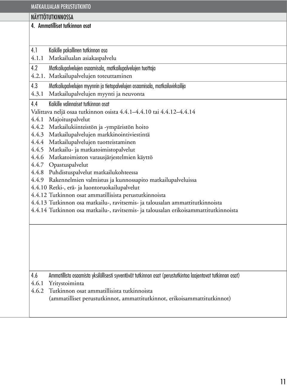 4 Kaikille valinnaiset tutkinnon osat Valittava neljä osaa tutkinnon osista 4.4.1 4.4.10 tai 4.4.12 4.4.14 4.4.1 Majoituspalvelut 4.4.2 Matkailukiinteistön ja -ympäristön hoito 4.4.3 Matkailupalvelujen markkinointiviestintä 4.