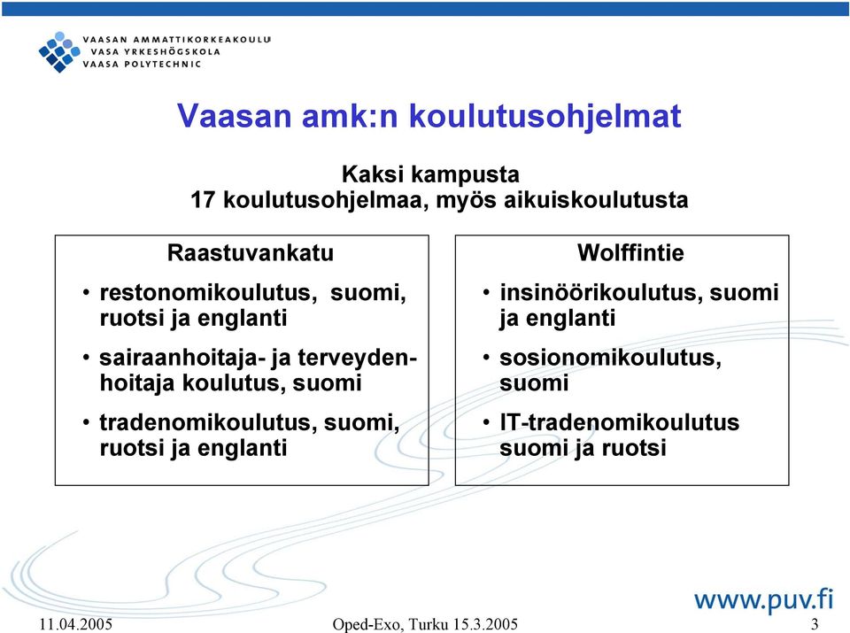 koulutus, suomi tradenomikoulutus, suomi, ruotsi ja englanti Wolffintie insinöörikoulutus, suomi