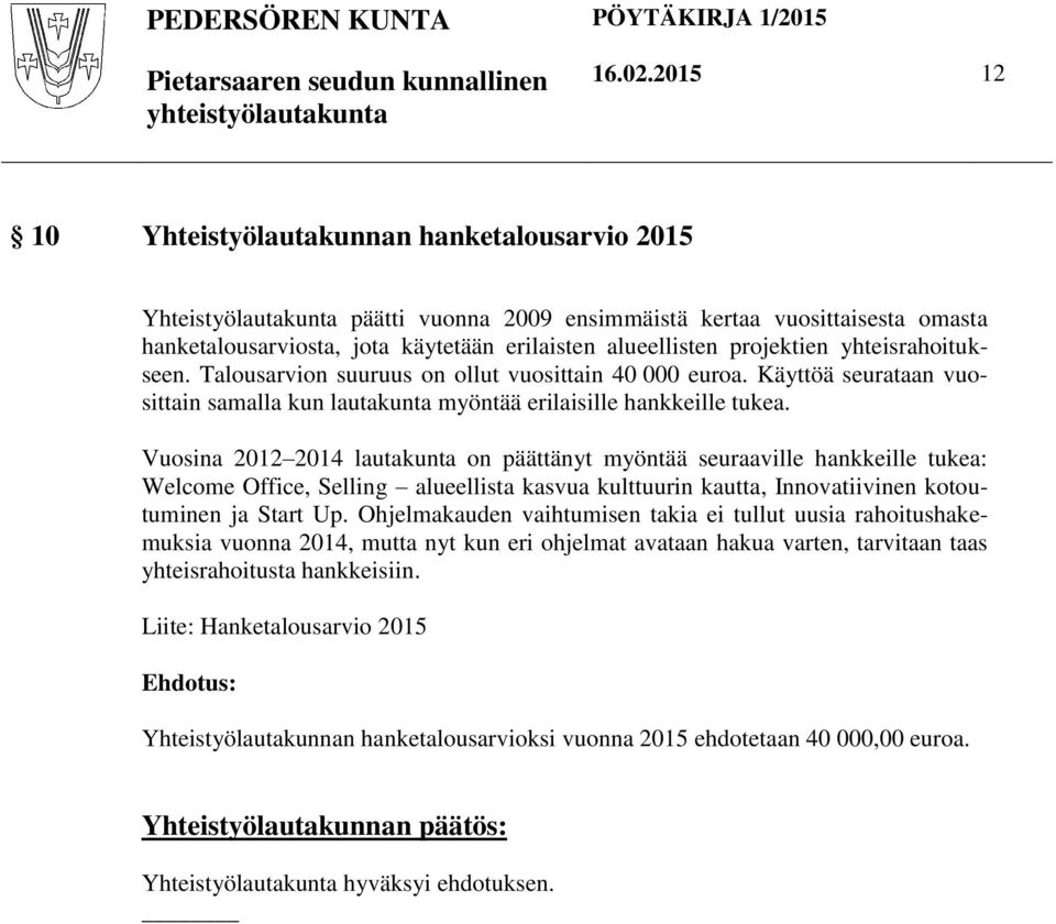 projektien yhteisrahoitukseen. Talousarvion suuruus on ollut vuosittain 40 000 euroa. Käyttöä seurataan vuosittain samalla kun lautakunta myöntää erilaisille hankkeille tukea.