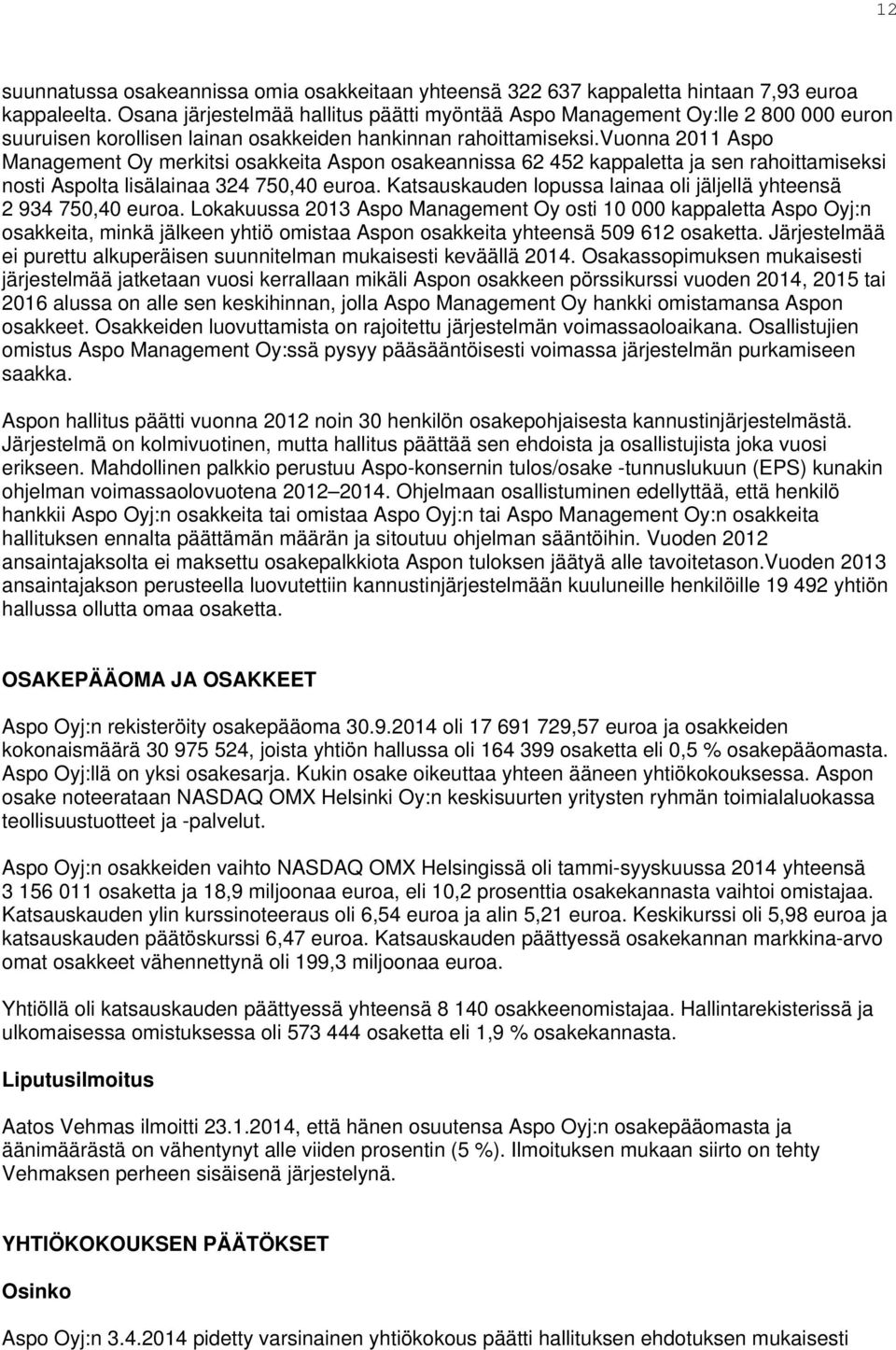 vuonna 2011 Aspo Management Oy merkitsi osakkeita Aspon osakeannissa 62 452 kappaletta ja sen rahoittamiseksi nosti Aspolta lisälainaa 324 750,40 euroa.