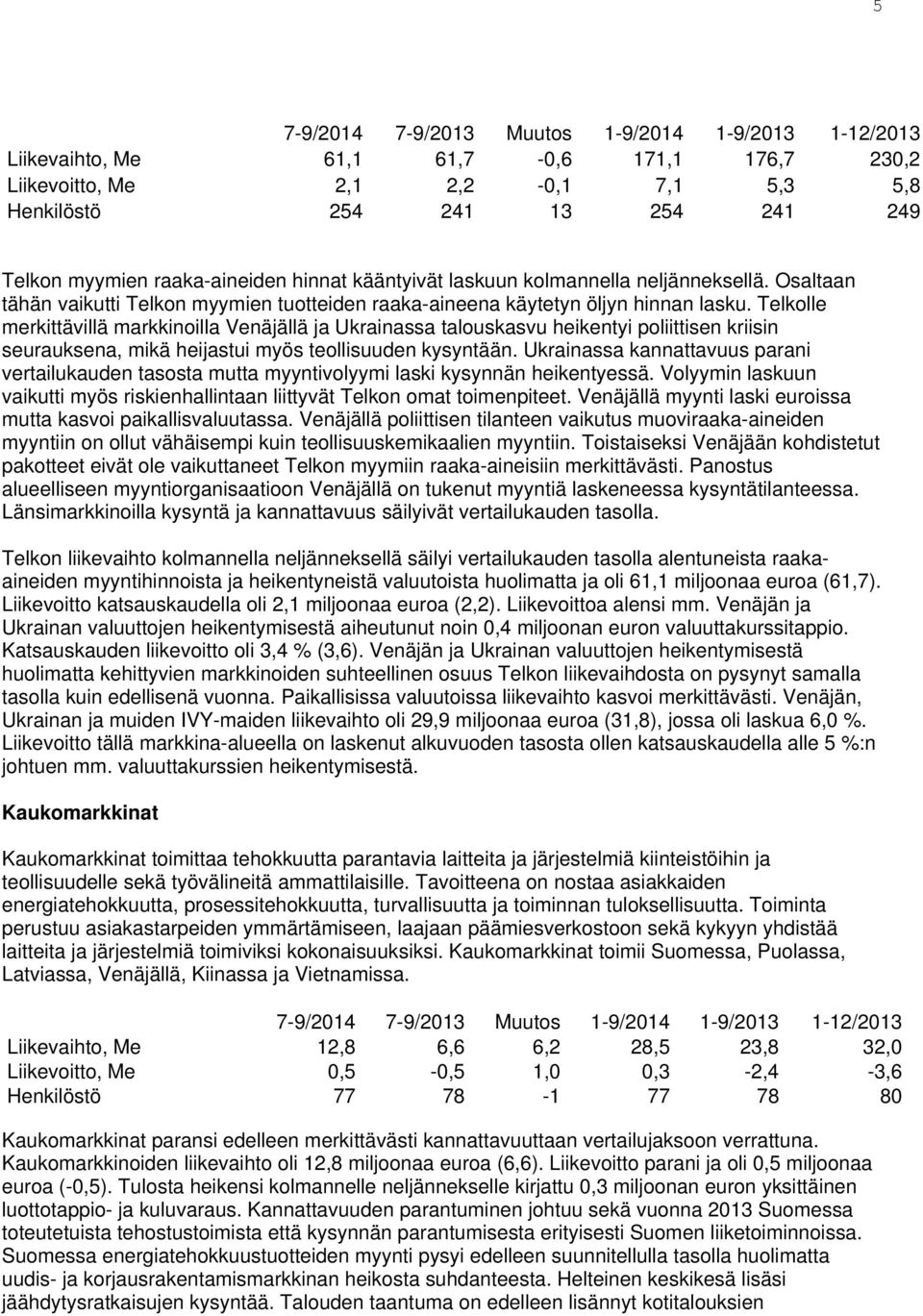 Telkolle merkittävillä markkinoilla Venäjällä ja Ukrainassa talouskasvu heikentyi poliittisen kriisin seurauksena, mikä heijastui myös teollisuuden kysyntään.