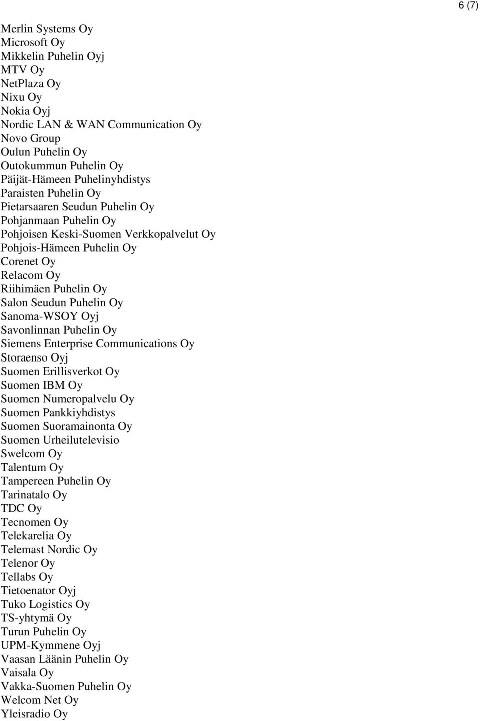 Salon Seudun Puhelin Oy Sanoma-WSOY Oyj Savonlinnan Puhelin Oy Siemens Enterprise Communications Oy Storaenso Oyj Suomen Erillisverkot Oy Suomen IBM Oy Suomen Numeropalvelu Oy Suomen Pankkiyhdistys