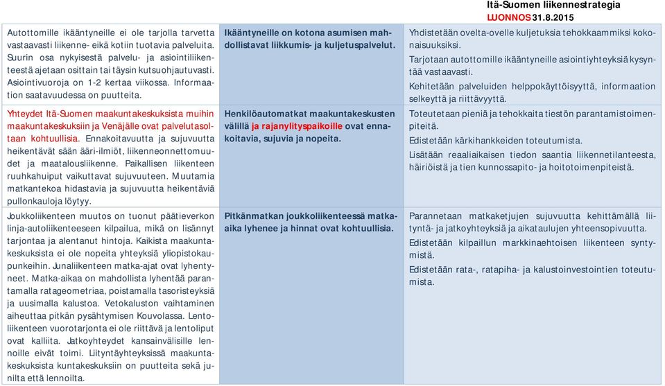 Yhteydet Itä-Suomen maakuntakeskuksista muihin maakuntakeskuksiin ja Venäjälle ovat palvelutasoltaan kohtuullisia.