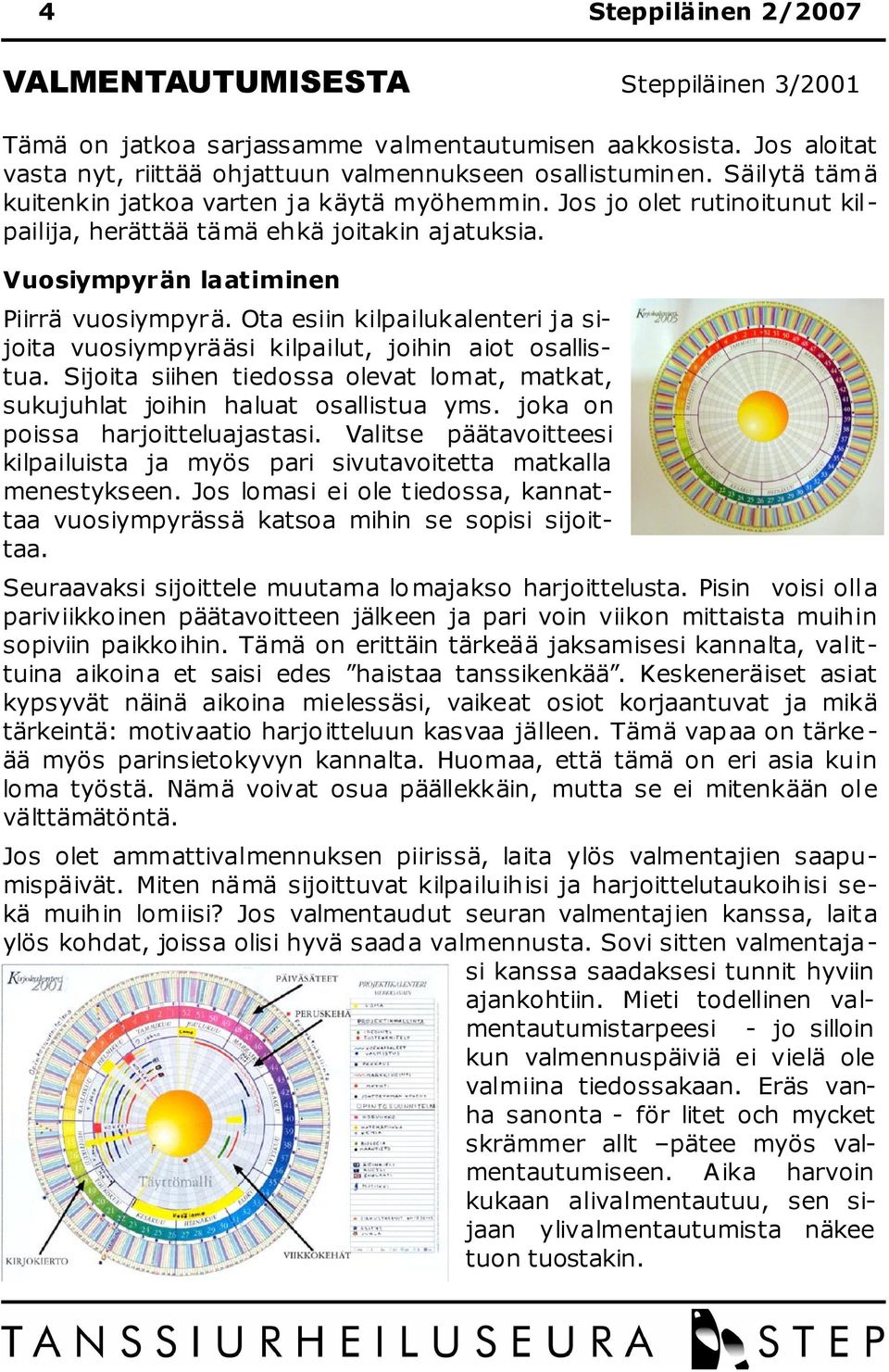 Ota esiin kilpailukalenteri ja sijoita vuosiympyrääsi kilpailut, joihin aiot osallistua. Sijoita siihen tiedossa olevat lomat, matkat, sukujuhlat joihin haluat osallistua yms.