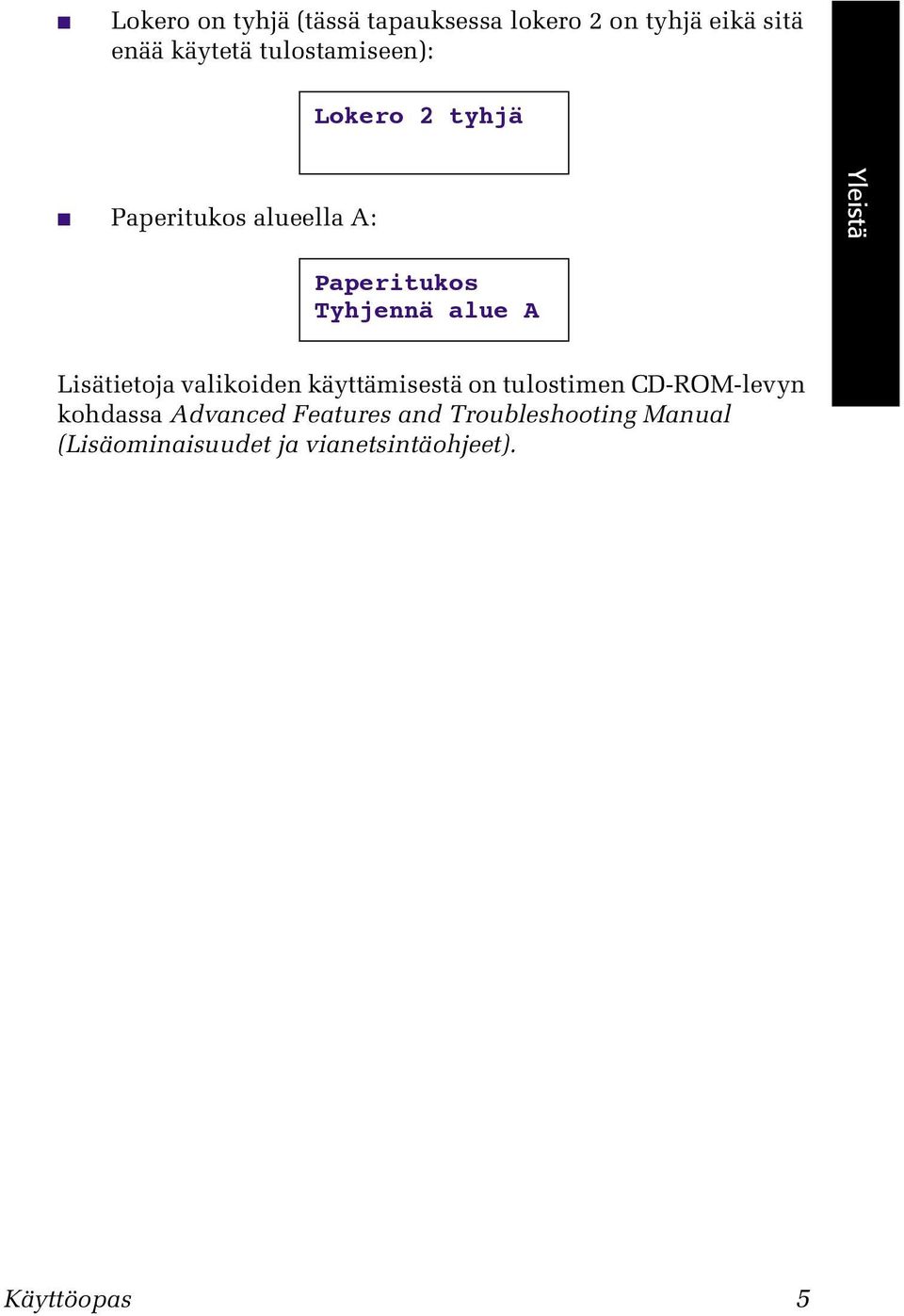 alue A Lisätietoja valikoiden käyttämisestä on tulostimen CD-ROM-levyn kohdassa