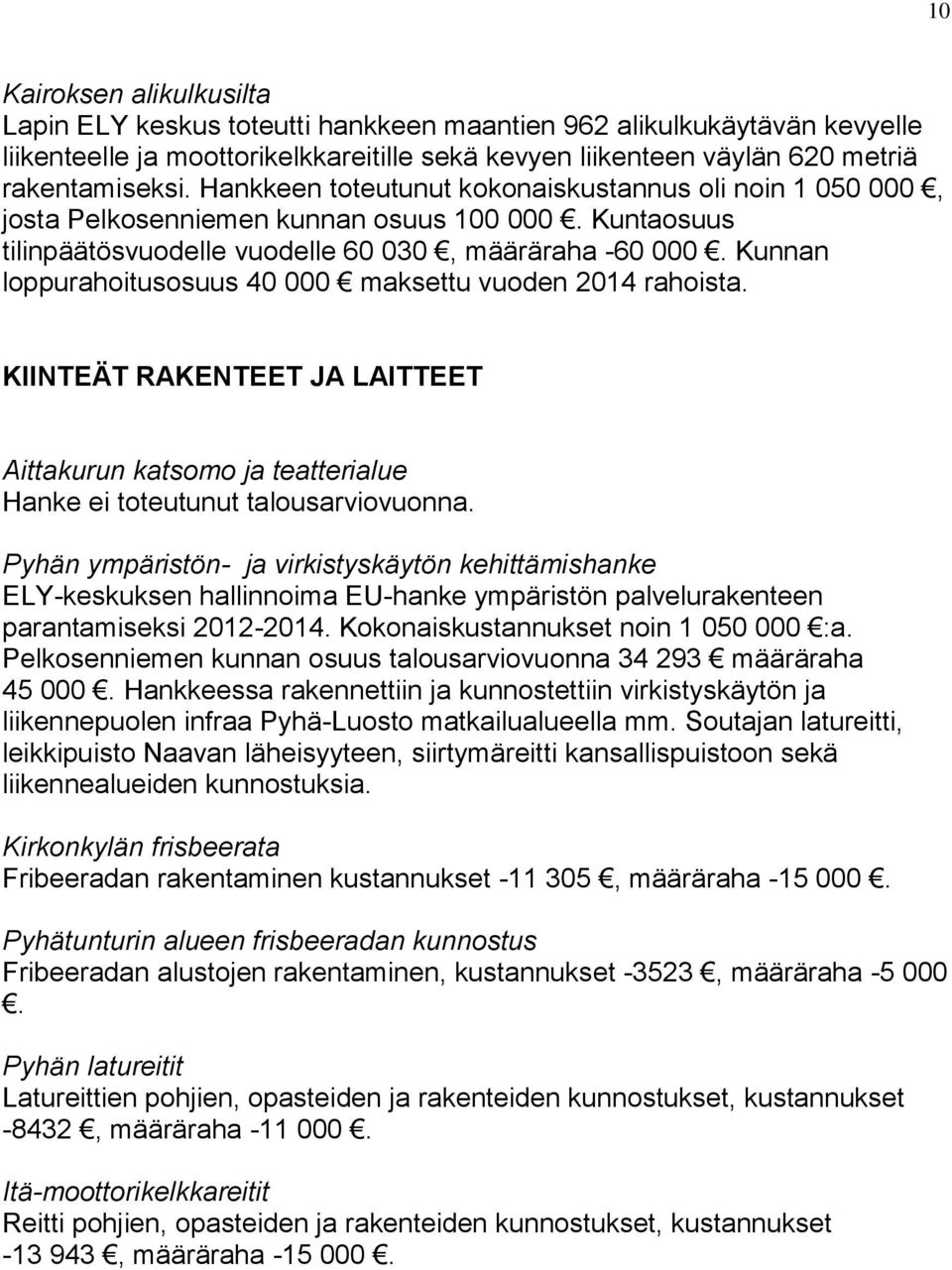 Kunnan loppurahoitusosuus 40 000 maksettu vuoden 2014 rahoista. KIINTEÄT RAKENTEET JA LAITTEET Aittakurun katsomo ja teatterialue Hanke ei toteutunut talousarviovuonna.