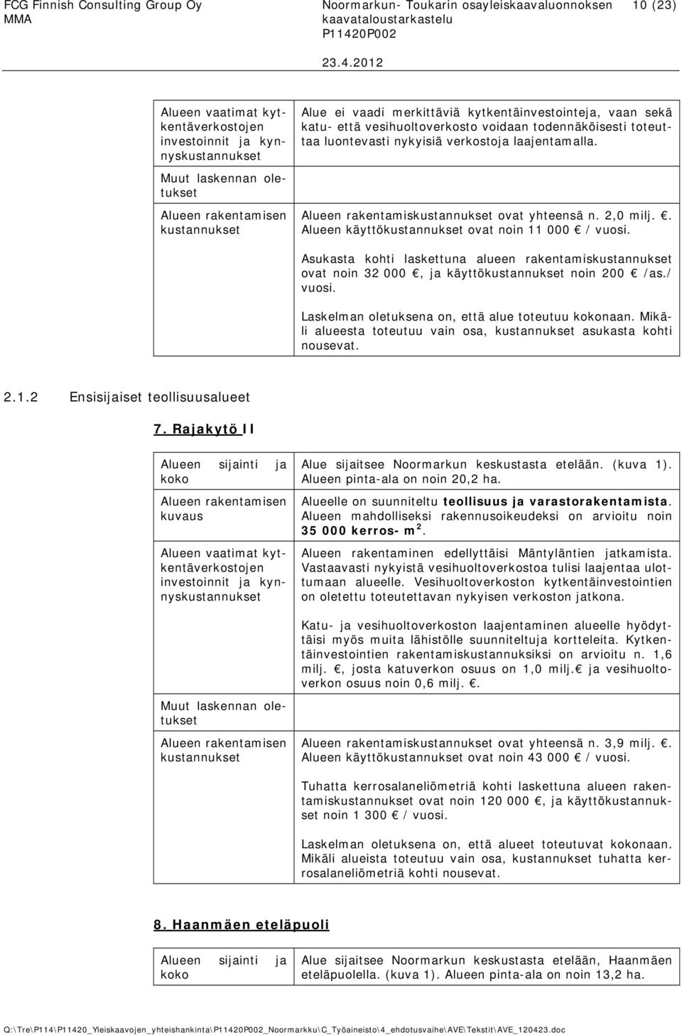 . Alueen käyttö ovat noin 11 000 / Asukasta kohti laskettuna alueen rakentamis ovat noin 32 000, ja käyttö noin 200 /as./ Laskelman oletuksena on, että alue toteutuu naan.