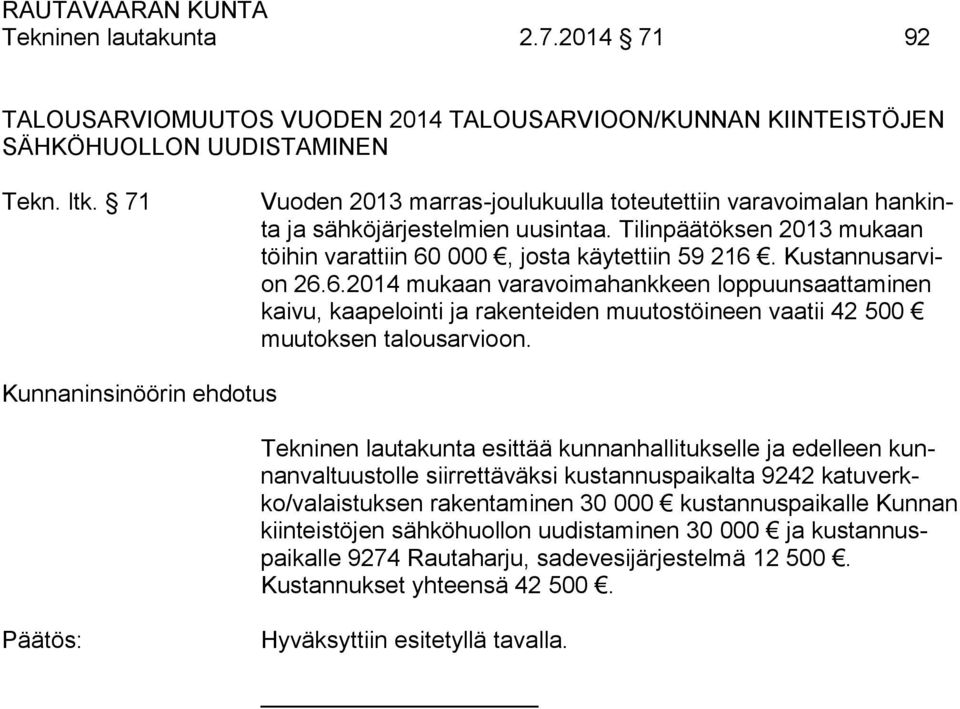 000, josta käytettiin 59 216. Kustannusarvion 26.6.2014 mukaan varavoimahankkeen loppuunsaattaminen kaivu, kaapelointi ja rakenteiden muutostöineen vaatii 42 500 muutoksen talousarvioon.