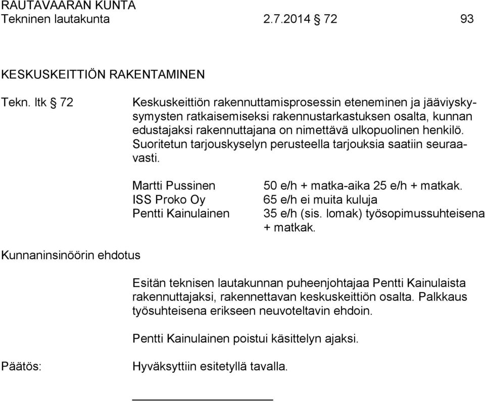 ulkopuolinen henkilö. Suoritetun tarjouskyselyn perusteella tarjouksia saatiin seuraavasti. Martti Pussinen ISS Proko Oy Pentti Kainulainen 50 e/h + matka-aika 25 e/h + matkak.