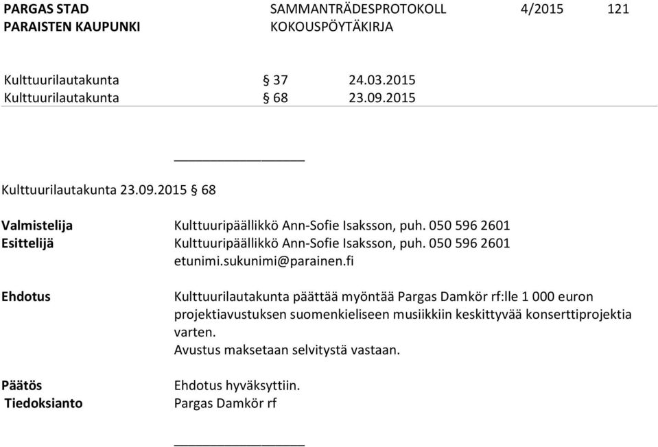 050 596 2601 Esittelijä Kulttuuripäällikkö Ann-Sofie Isaksson, puh. 050 596 2601 etunimi.sukunimi@parainen.