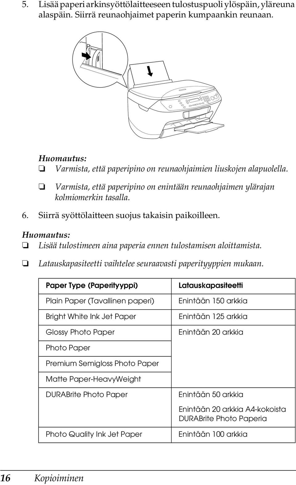 Latauskapasiteetti vaihtelee seuraavasti paperityyppien mukaan.