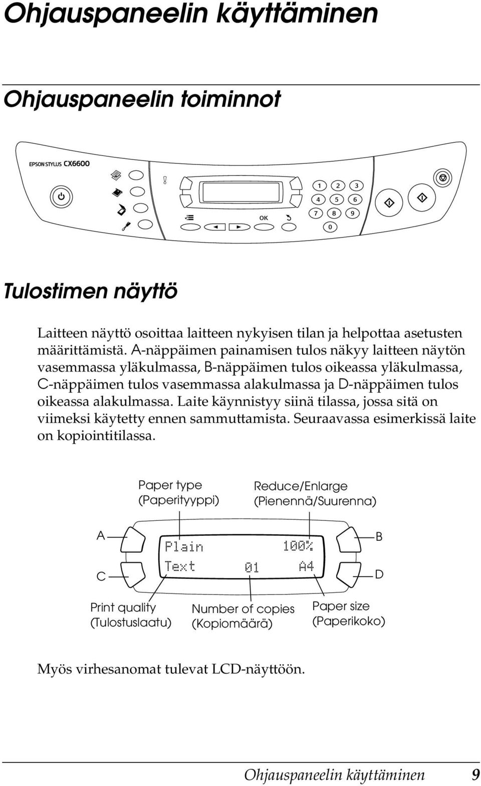 oikeassa alakulmassa. Laite käynnistyy siinä tilassa, jossa sitä on viimeksi käytetty ennen sammuttamista. Seuraavassa esimerkissä laite on kopiointitilassa.