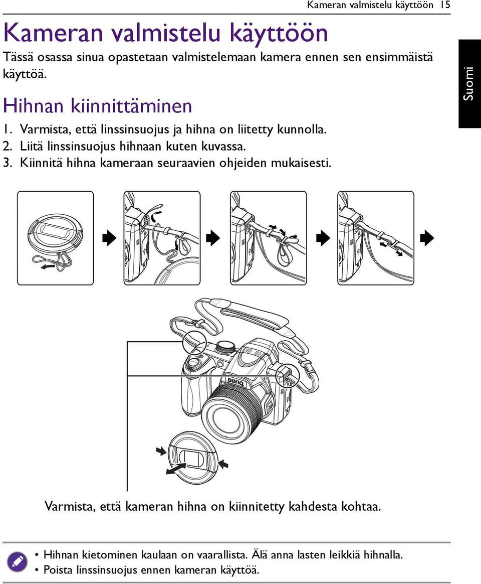 Liitä linssinsuojus hihnaan kuten kuvassa. 3. Kiinnitä hihna kameraan seuraavien ohjeiden mukaisesti.