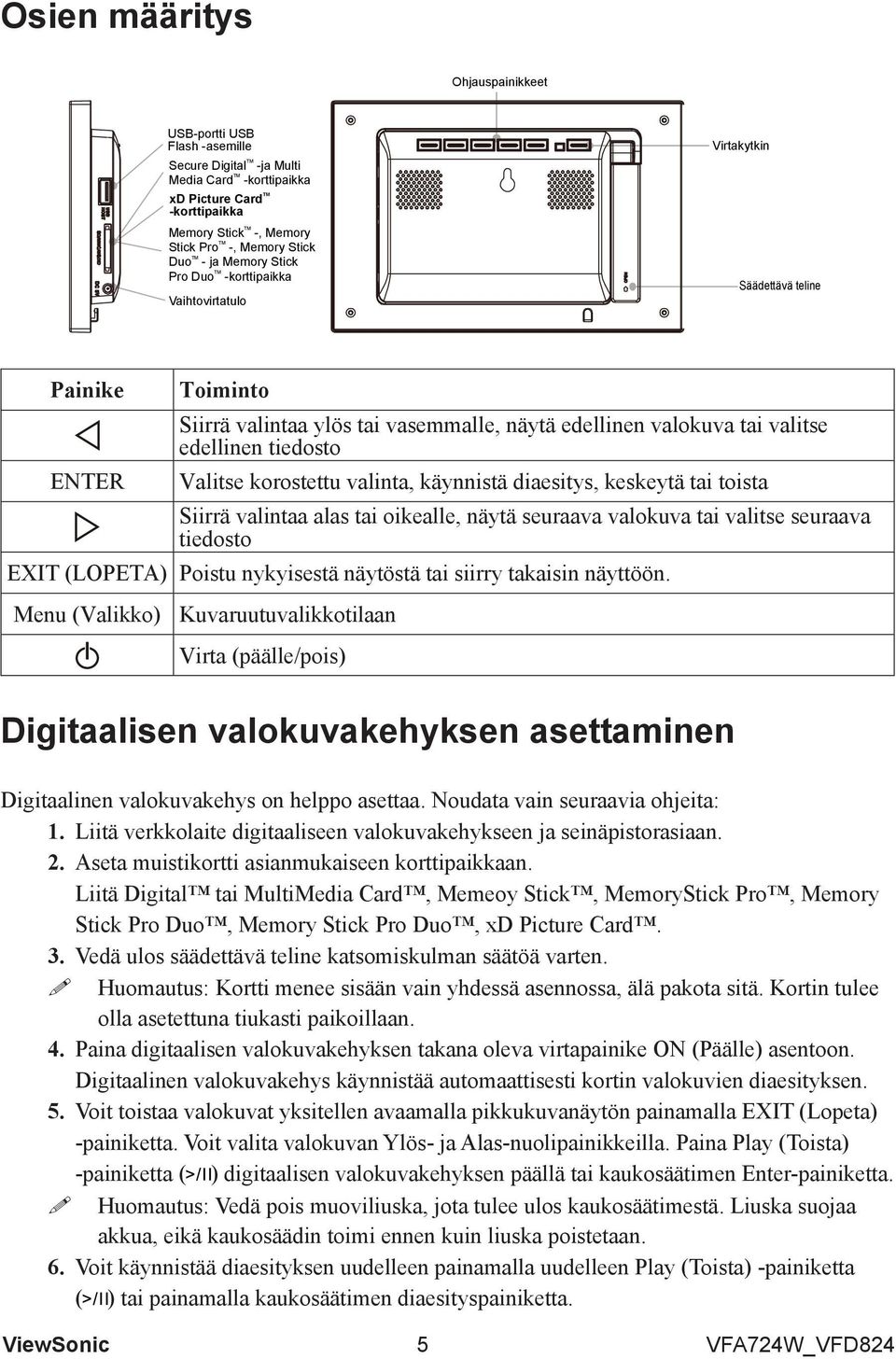 edellinen tiedosto ENTER Valitse korostettu valinta, käynnistä diaesitys, keskeytä tai toista Siirrä valintaa alas tai oikealle, näytä seuraava valokuva tai valitse seuraava tiedosto EXIT (LOPETA)