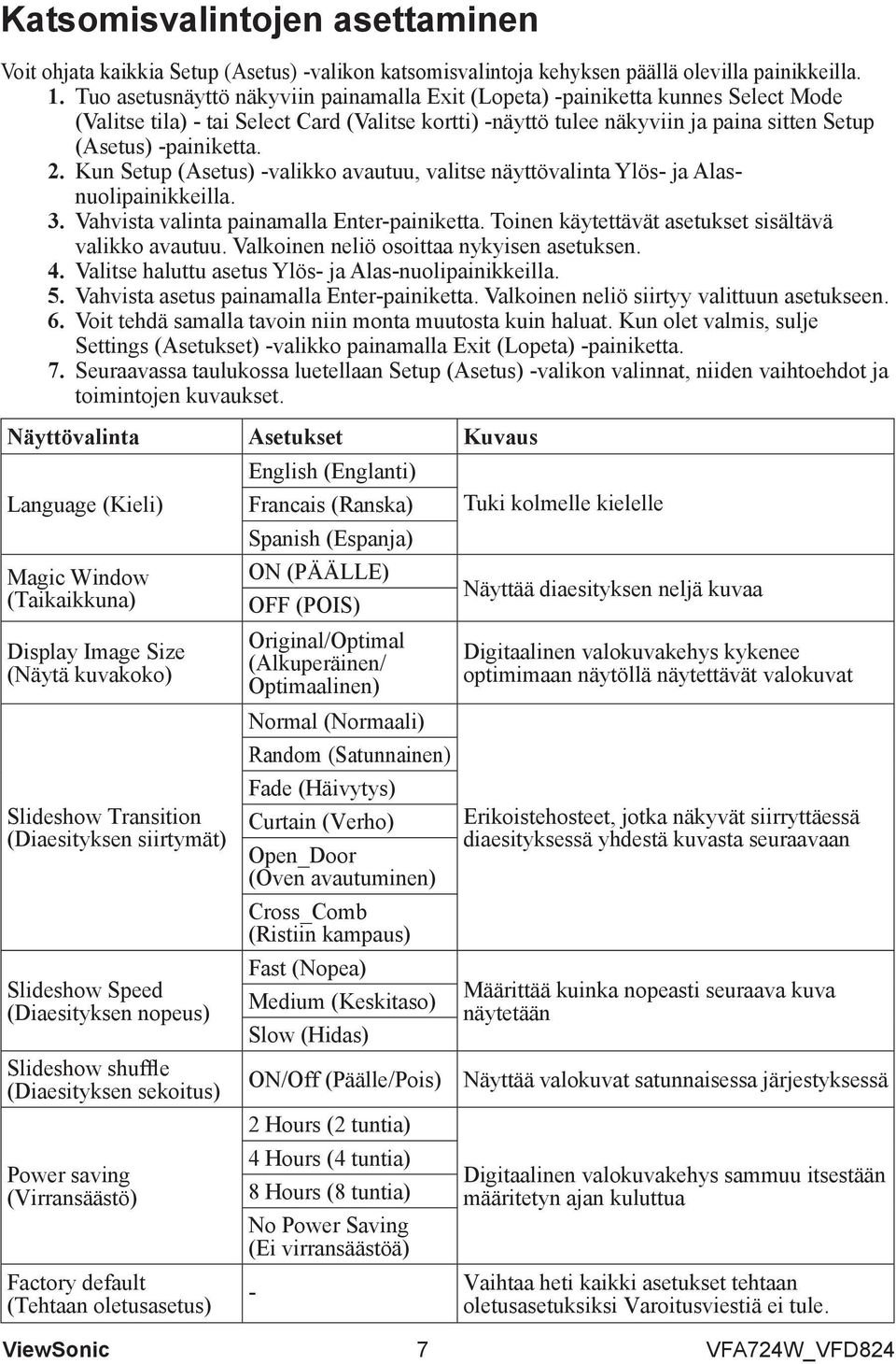 2. Kun Setup (Asetus) -valikko avautuu, valitse näyttövalinta Ylös- ja Alasnuolipainikkeilla. 3. Vahvista valinta painamalla Enter-painiketta. Toinen käytettävät asetukset sisältävä valikko avautuu.