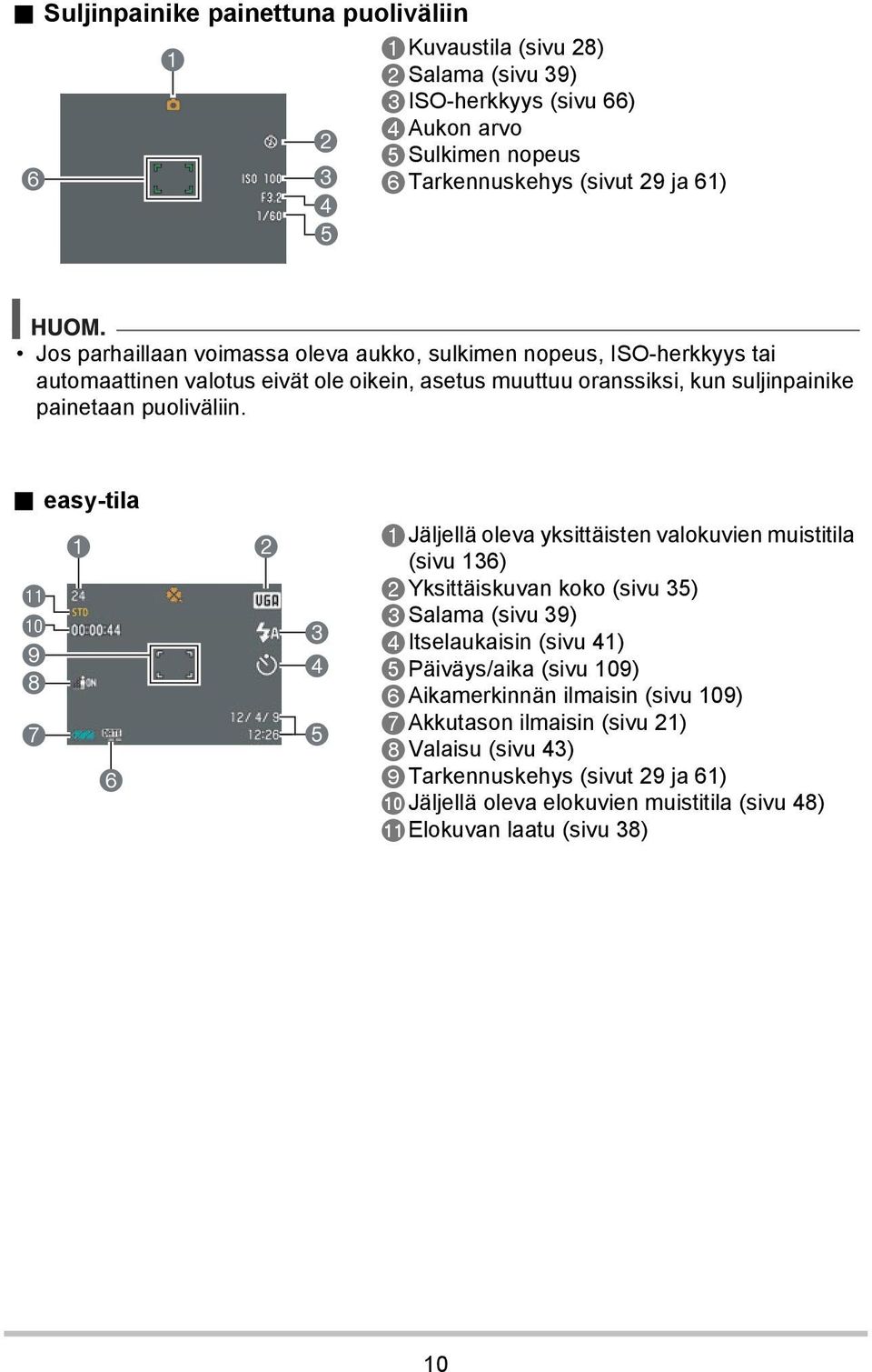 . easy-tila bl bk 9 8 7 1 6 2 3 4 5 1Jäljellä oleva yksittäisten valokuvien muistitila (sivu 136) 2Yksittäiskuvan koko (sivu 35) 3Salama (sivu 39) 4Itselaukaisin (sivu 41) 5Päiväys/aika