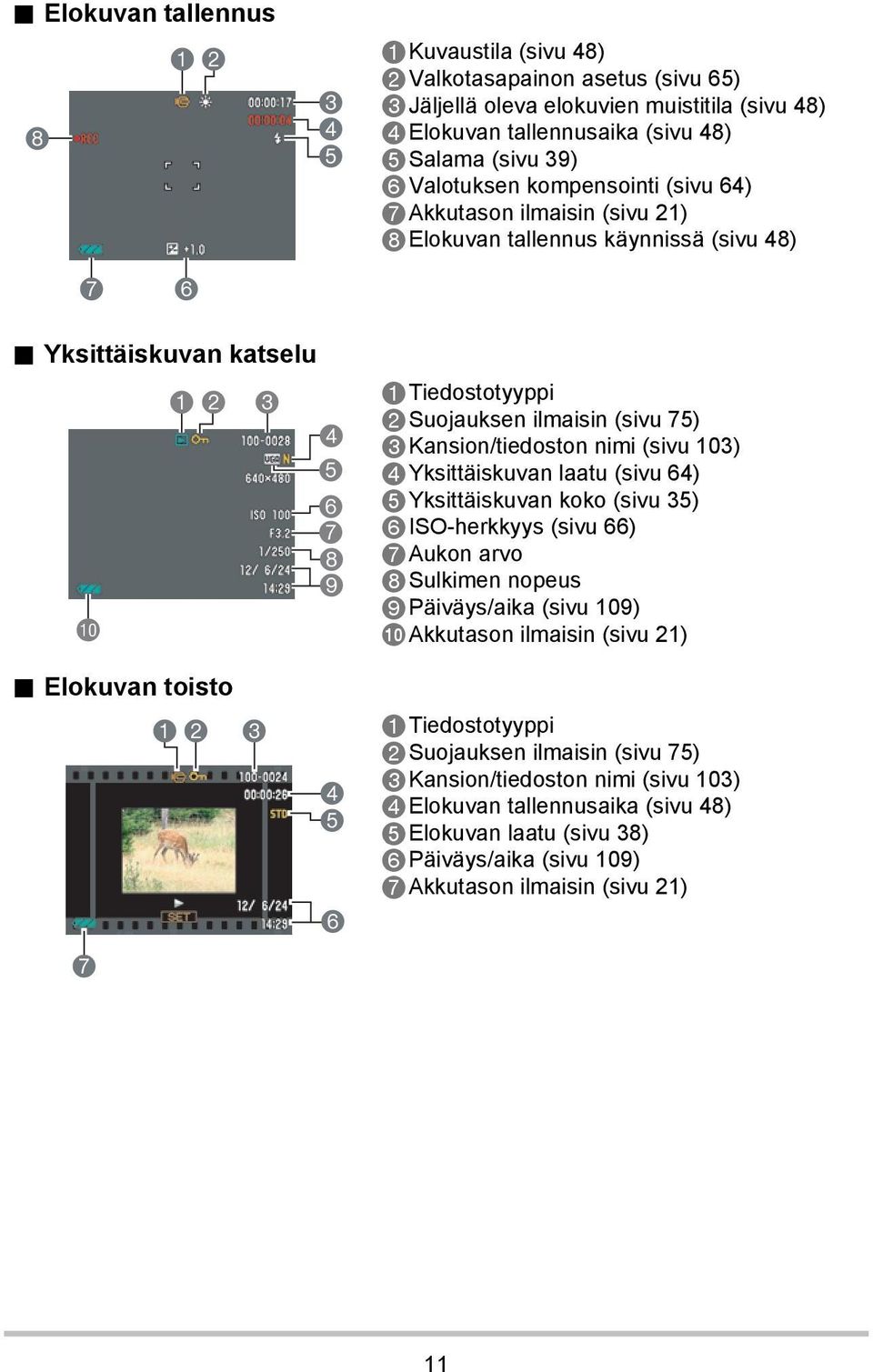 Yksittäiskuvan katselu bk 1 2 3 4 5 6 7 8 9 1Tiedostotyyppi 2Suojauksen ilmaisin (sivu 75) 3Kansion/tiedoston nimi (sivu 103) 4Yksittäiskuvan laatu (sivu 64) 5Yksittäiskuvan koko (sivu 35)