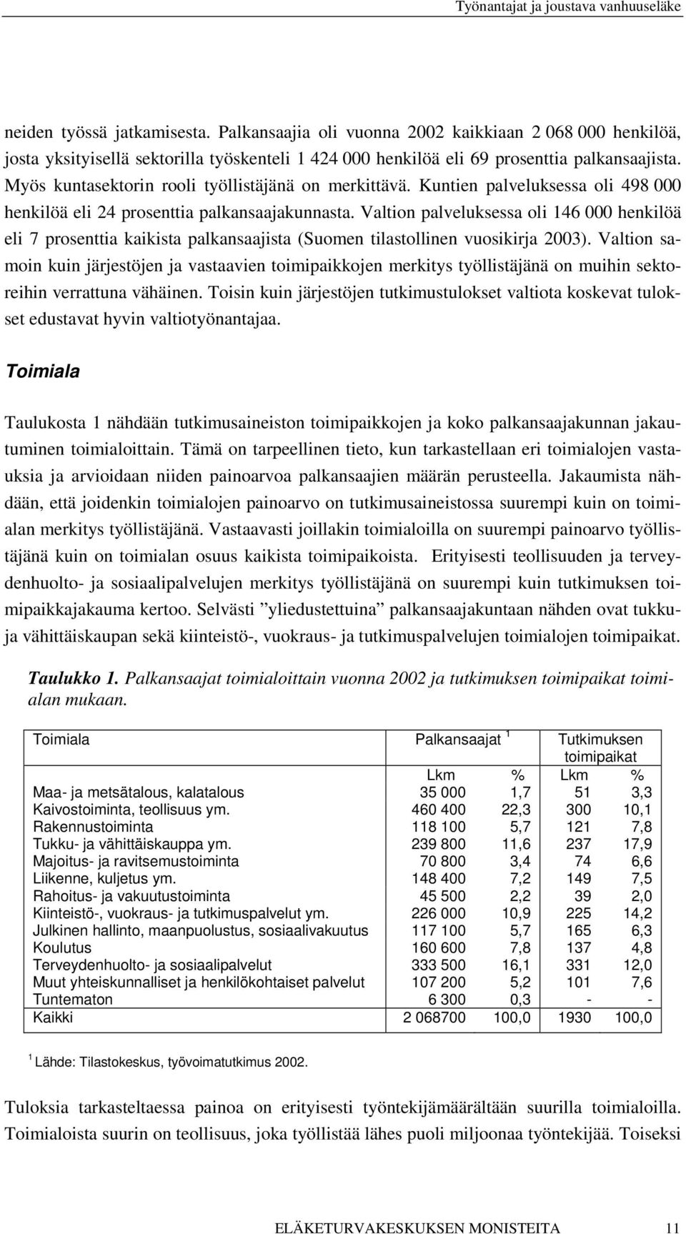 Valtion palveluksessa oli 146 000 henkilöä eli 7 prosenttia kaikista palkansaajista (Suomen tilastollinen vuosikirja 2003).