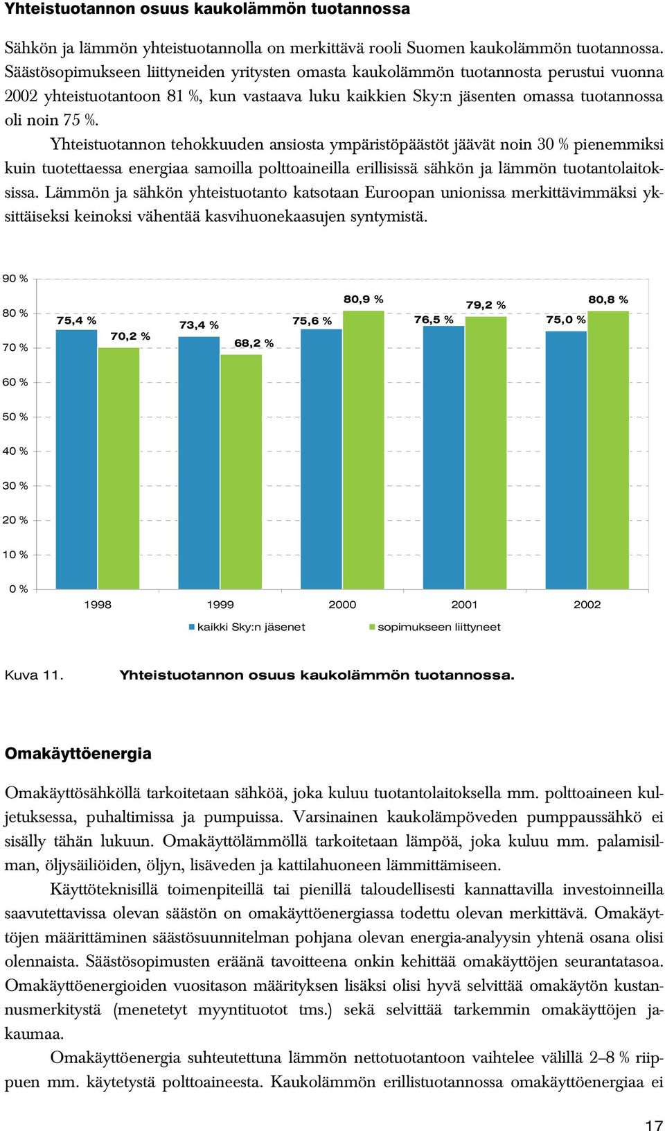 Yhteistuotannon tehokkuuden ansiosta ympäristöpäästöt jäävät noin 30 % pienemmiksi kuin tuotettaessa energiaa samoilla polttoaineilla erillisissä sähkön ja lämmön tuotantolaitoksissa.