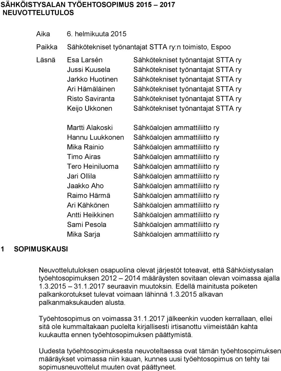 Sähkötekniset työnantajat STTA ry Ari Hämäläinen Sähkötekniset työnantajat STTA ry Risto Saviranta Sähkötekniset työnantajat STTA ry Keijo Ukkonen Sähkötekniset työnantajat STTA ry Martti Alakoski