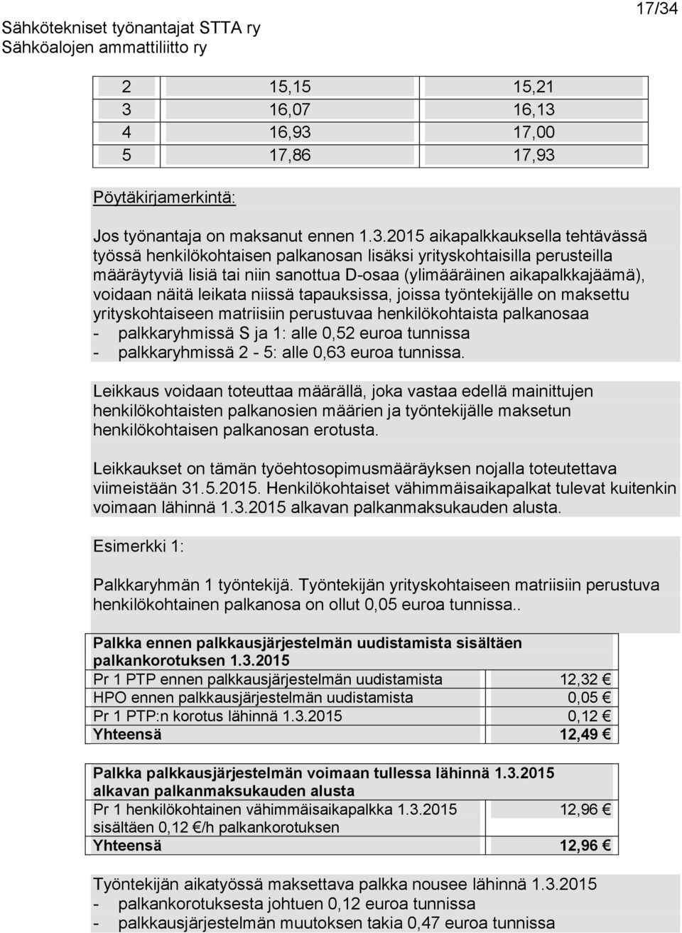 matriisiin perustuvaa henkilökohtaista palkanosaa - palkkaryhmissä S ja 1: alle 0,52 euroa tunnissa - palkkaryhmissä 2-5: alle 0,63 euroa tunnissa.