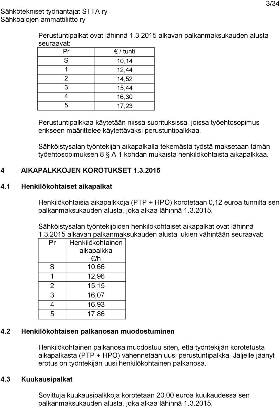 Sähköistysalan työntekijän aikapalkalla tekemästä työstä maksetaan tämän työehtosopimuksen 8 A 1 kohdan mukaista henkilökohtaista aikapalkkaa. 4 AIKAPALKKOJEN KOROTUKSET 1.3.2015 4.