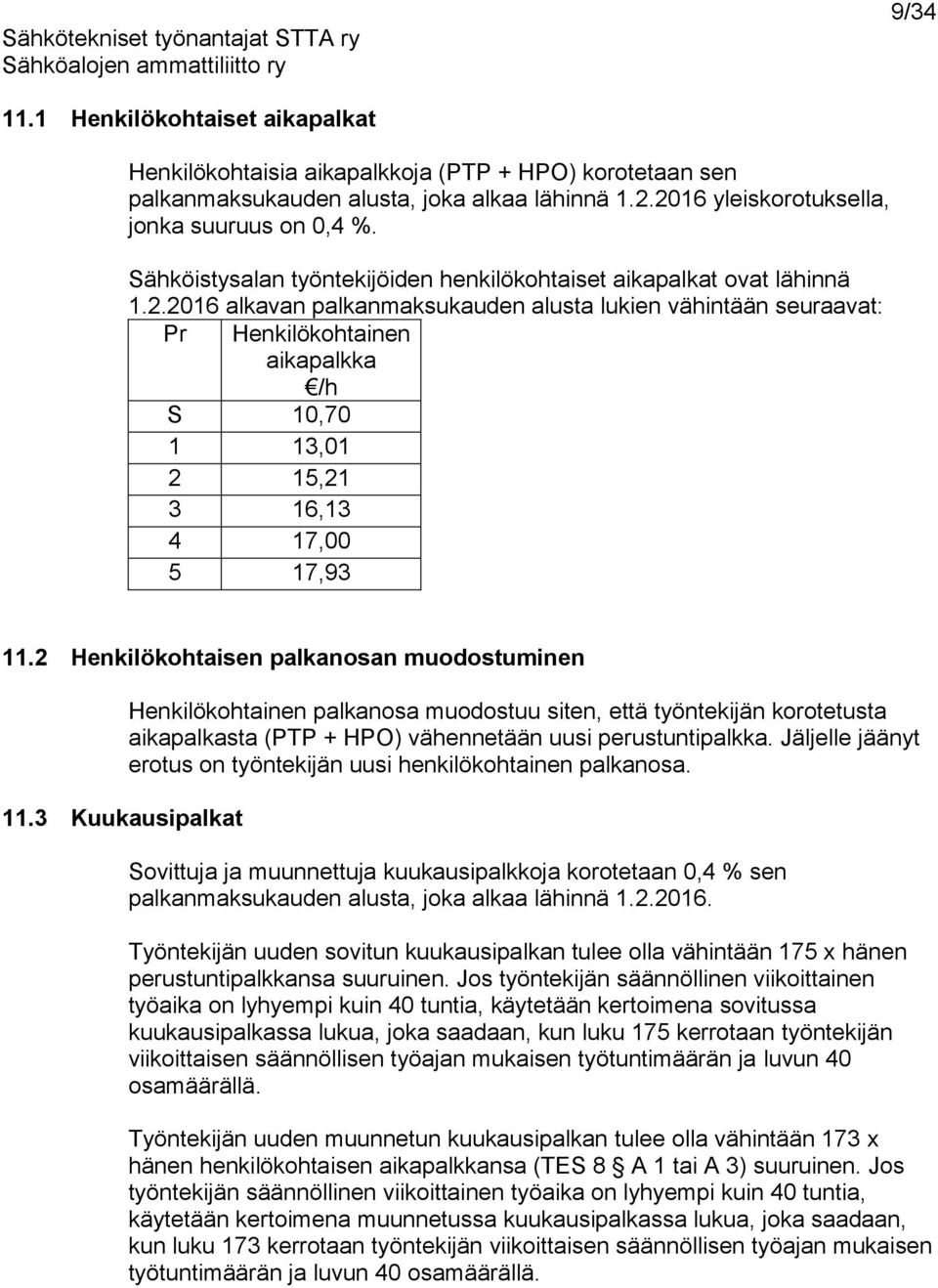 2016 alkavan palkanmaksukauden alusta lukien vähintään seuraavat: Pr Henkilökohtainen aikapalkka /h S 10,70 1 13,01 2 15,21 3 16,13 4 17,00 5 17,93 11.2 Henkilökohtaisen palkanosan muodostuminen 11.