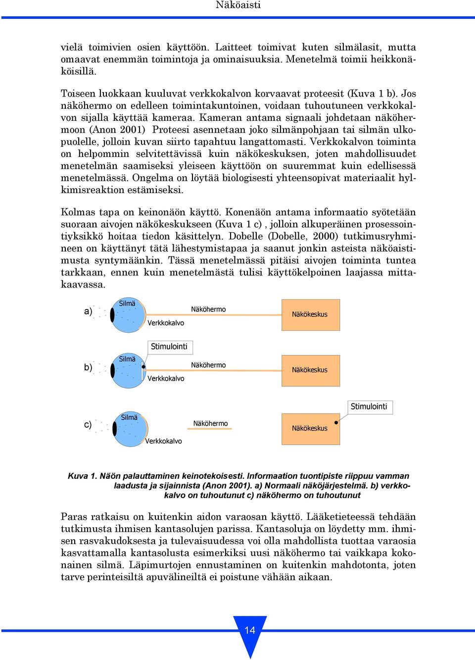 Kameran antama signaali johdetaan näköhermoon (Anon 2001) Proteesi asennetaan joko silmänpohjaan tai silmän ulkopuolelle, jolloin kuvan siirto tapahtuu langattomasti.