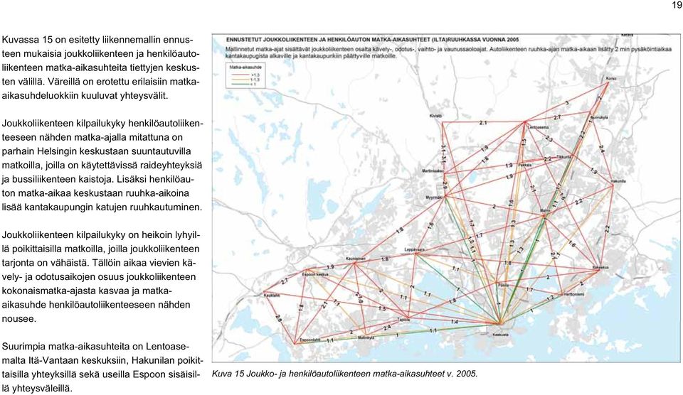 Joukkoliikenteen kilpailukyky henkilöautoliikenteeseen nähden matka-ajalla mitattuna on parhain Helsingin keskustaan suuntautuvilla matkoilla, joilla on käytettävissä raideyhteyksiä ja