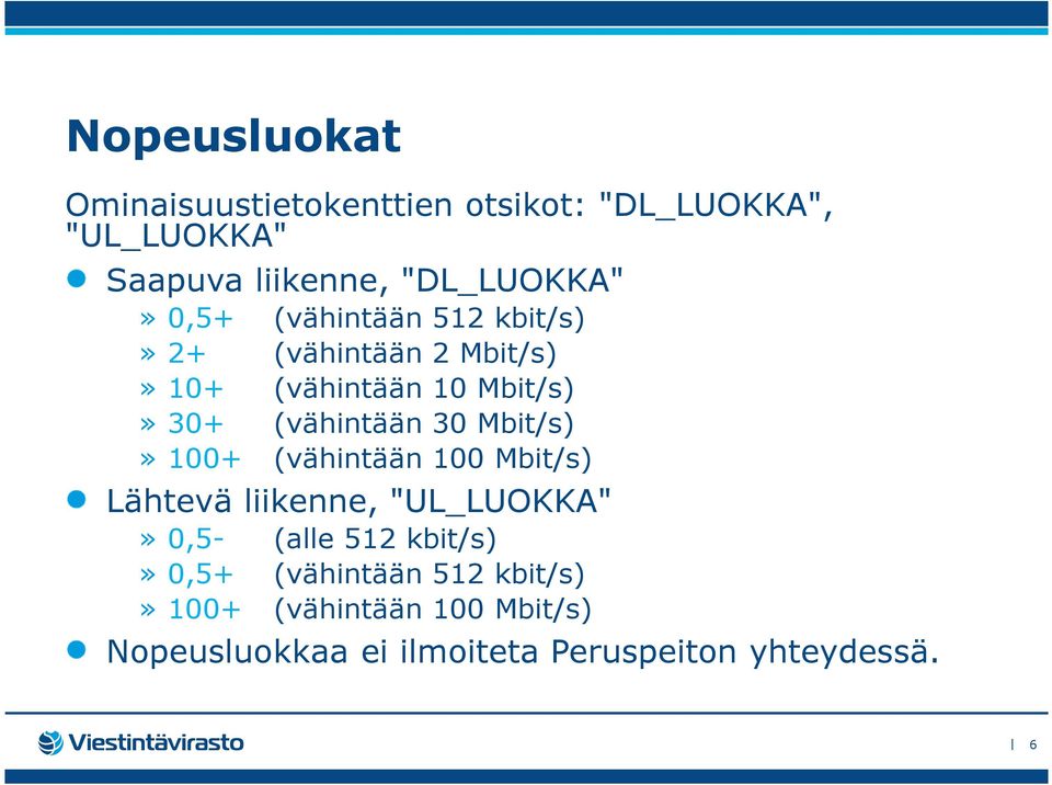 (vähintään 30 Mbit/s)» 100+ (vähintään 100 Mbit/s) Lähtevä liikenne, "UL_LUOKKA"» 0,5- (alle 512